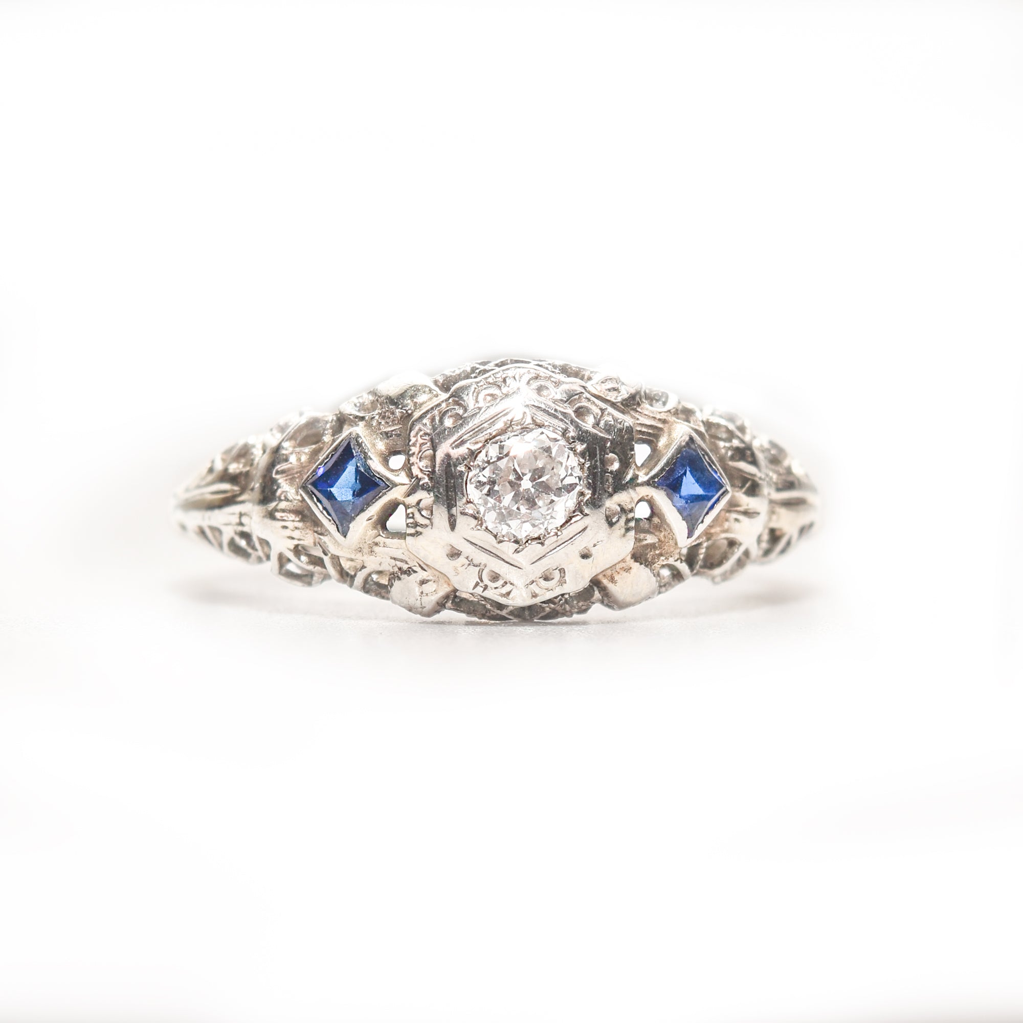 Art Deco 18K White Gold Diamond Sapphire Filigree Engagement Ring