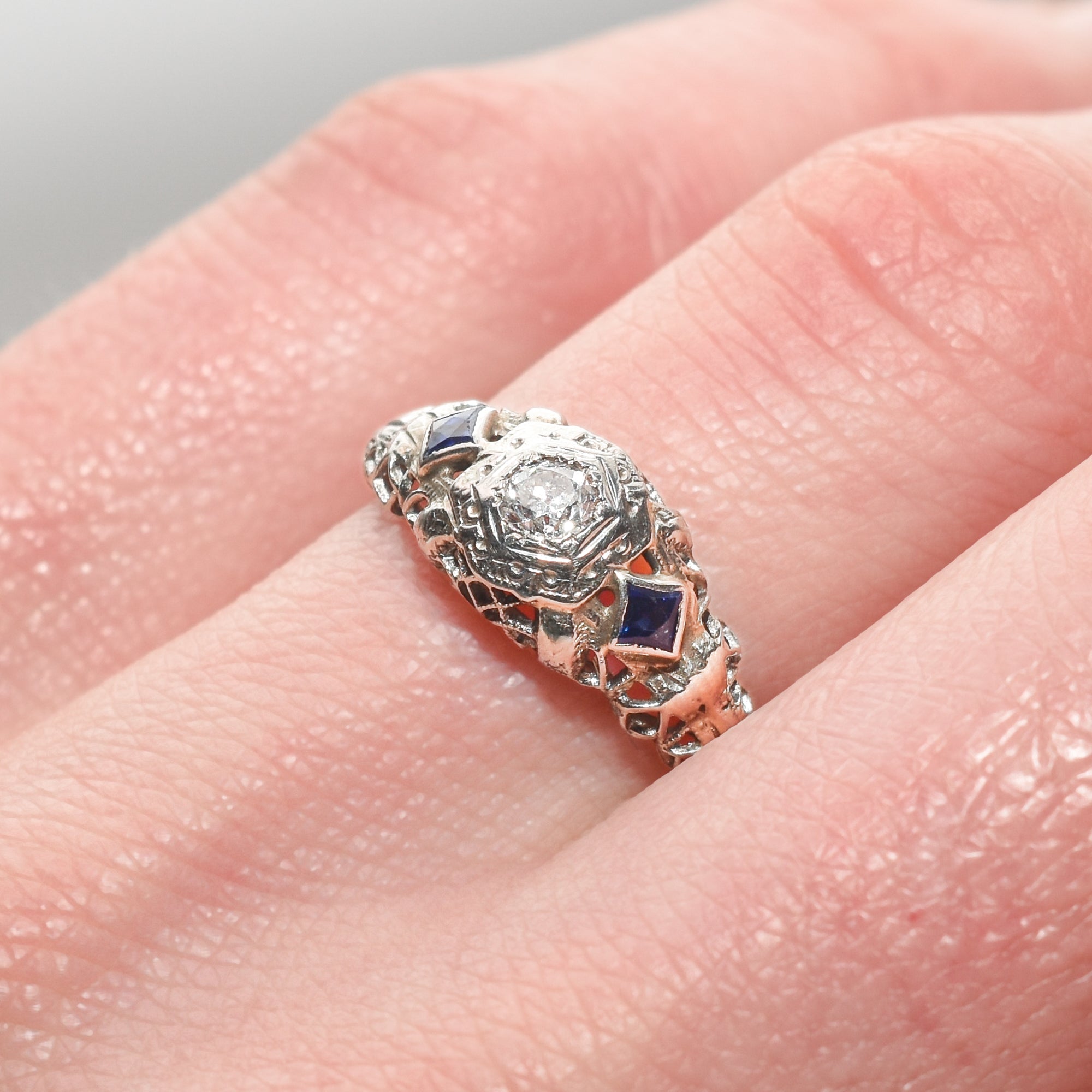 Art Deco 18K White Gold Diamond Sapphire Filigree Engagement Ring