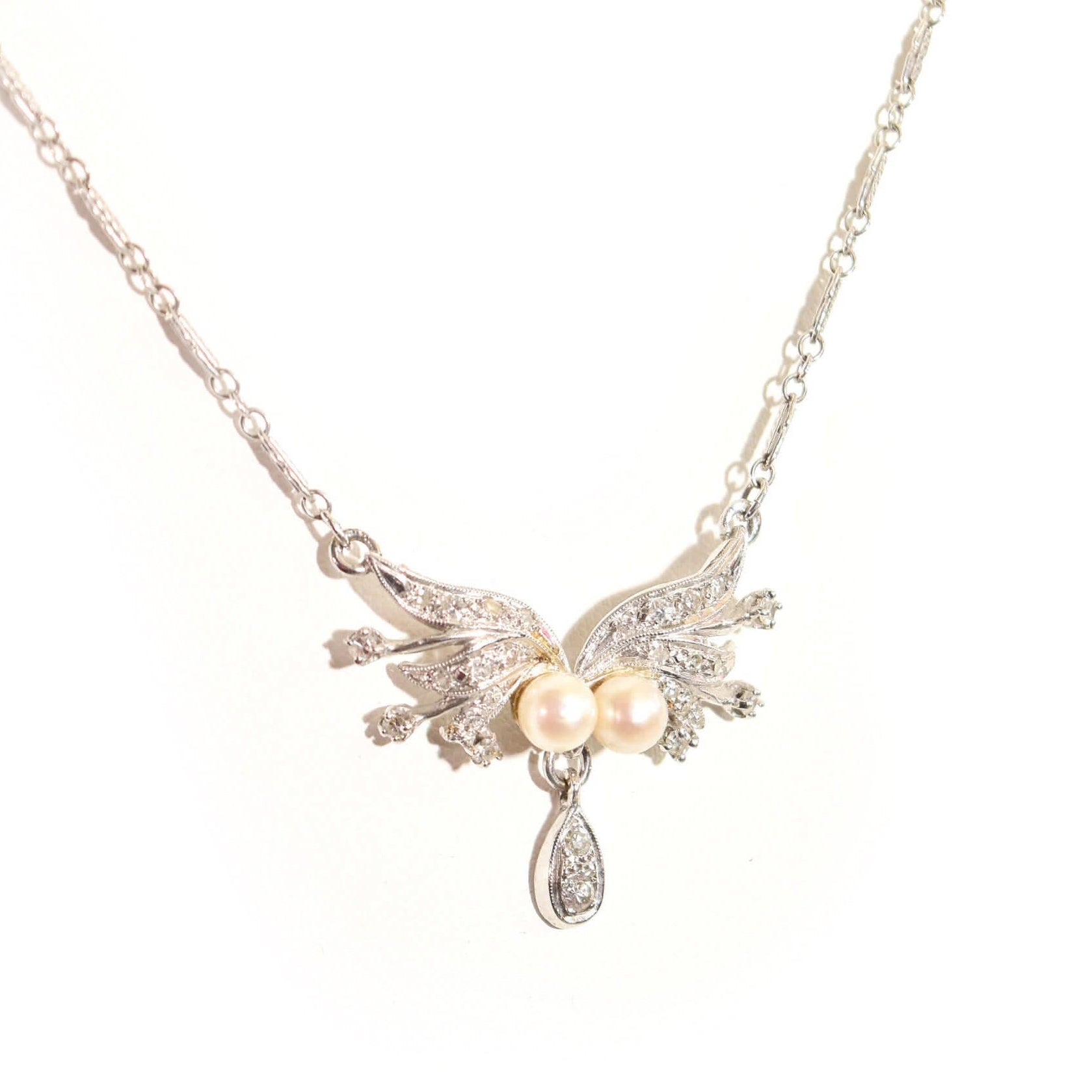 Estate 14K White Gold Pearl Diamond Lavaliere Necklace