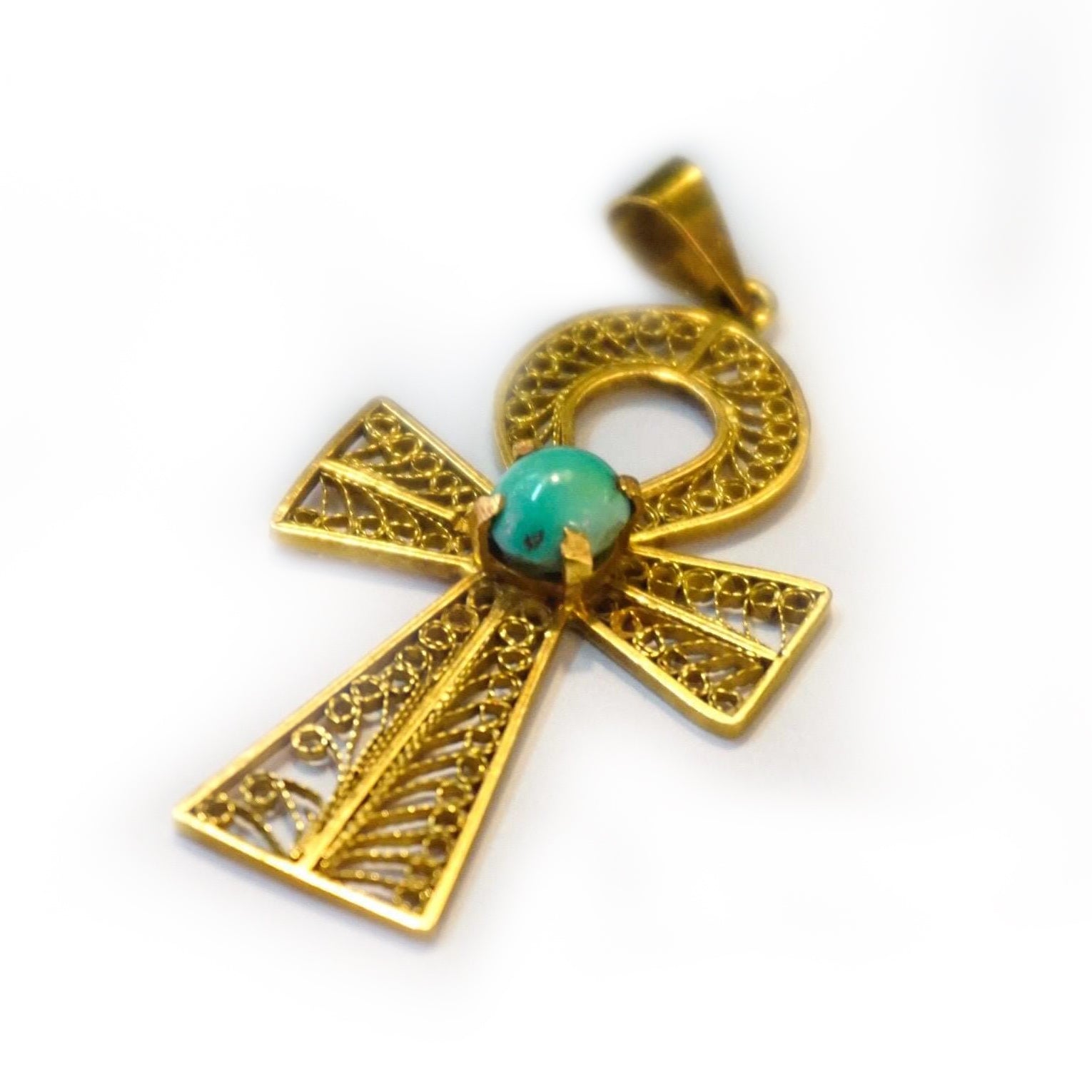 Egyptian Revival 18K Gold and Turquoise Cabochon Ankh Pendant