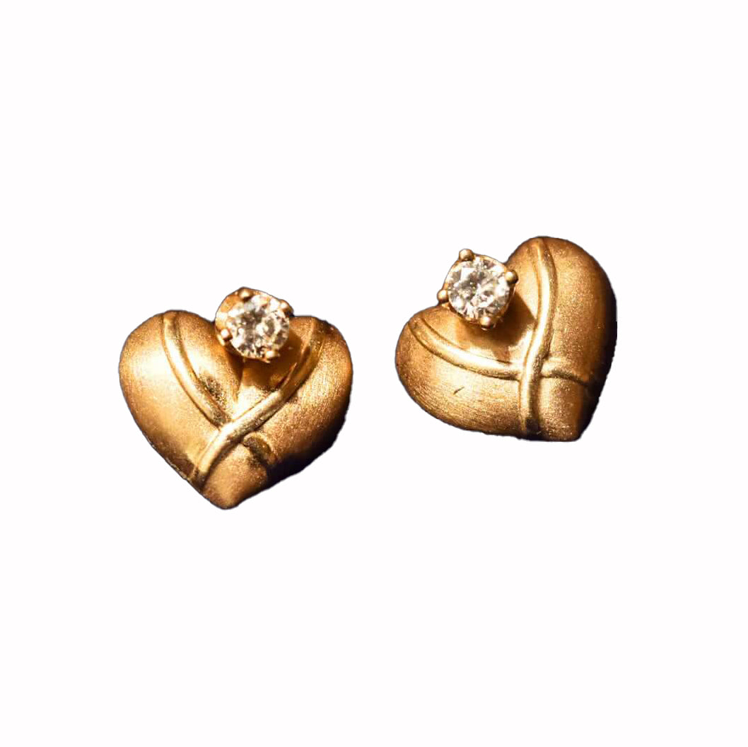 10K CZ Diamond Heart Stud Earrings In Yellow Gold