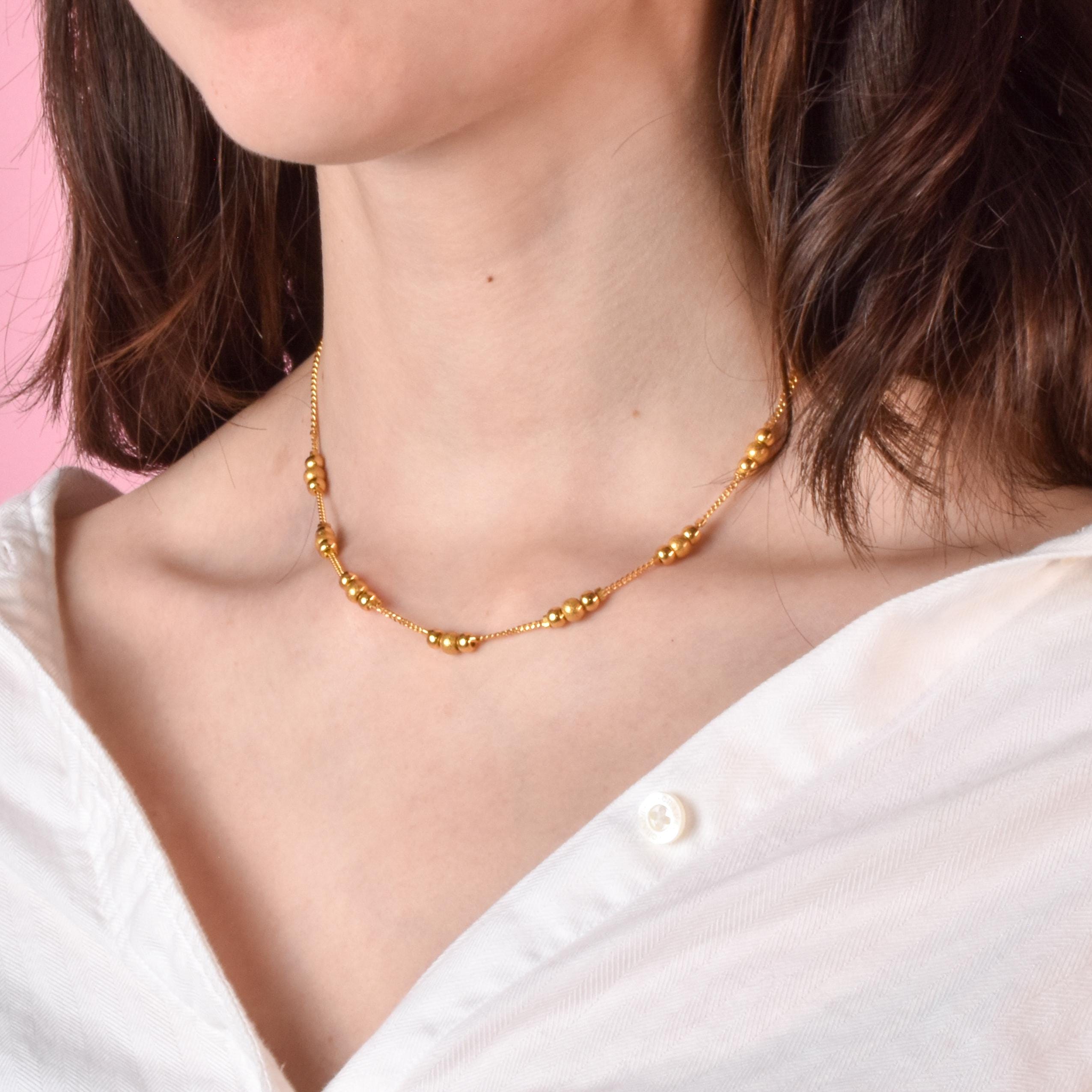 18K Beaded Gold Necklace on Curb Chain