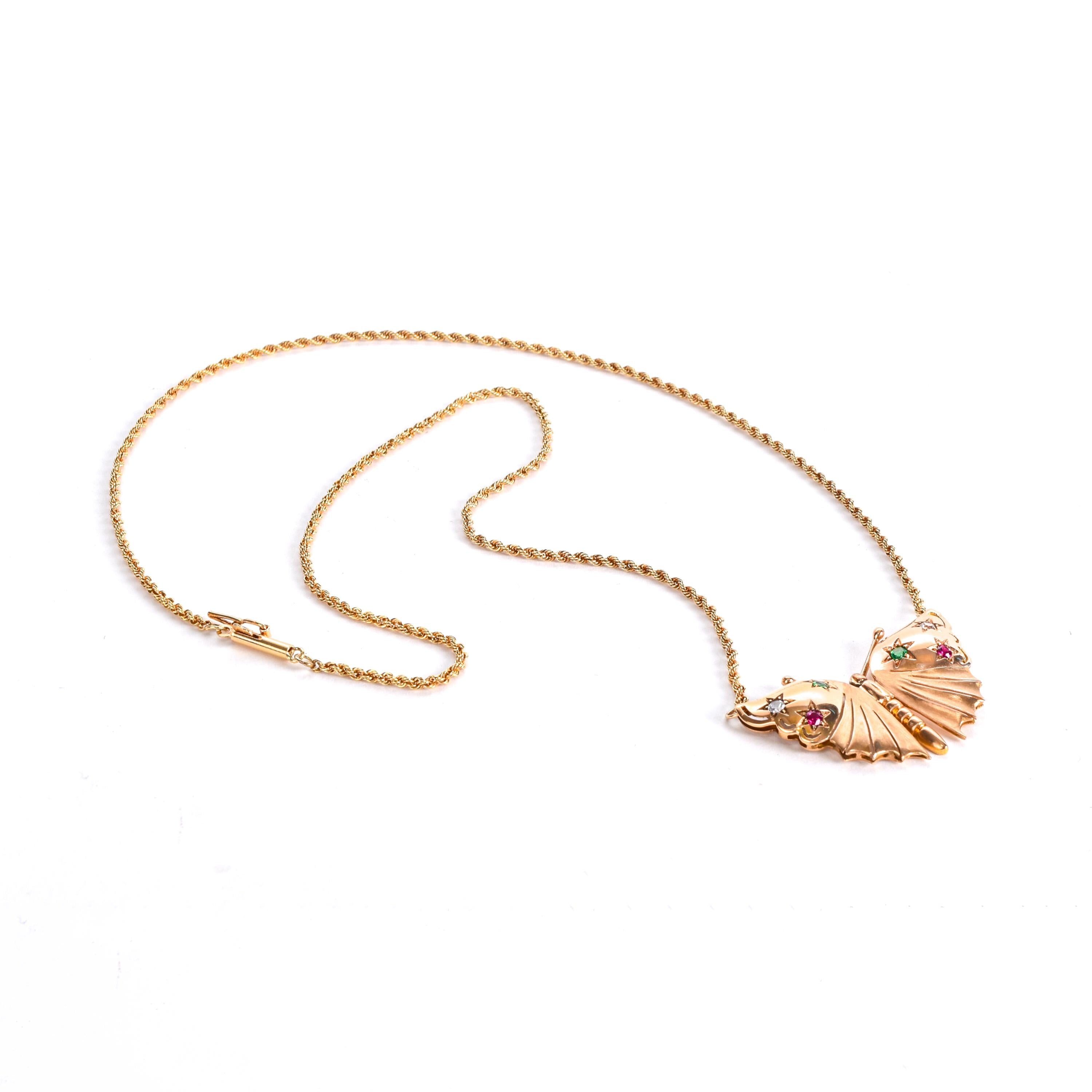 18K Gold Butterfly Pendant with Star Set Diamond, Emerald, and Ruby on 14K Rope Chain