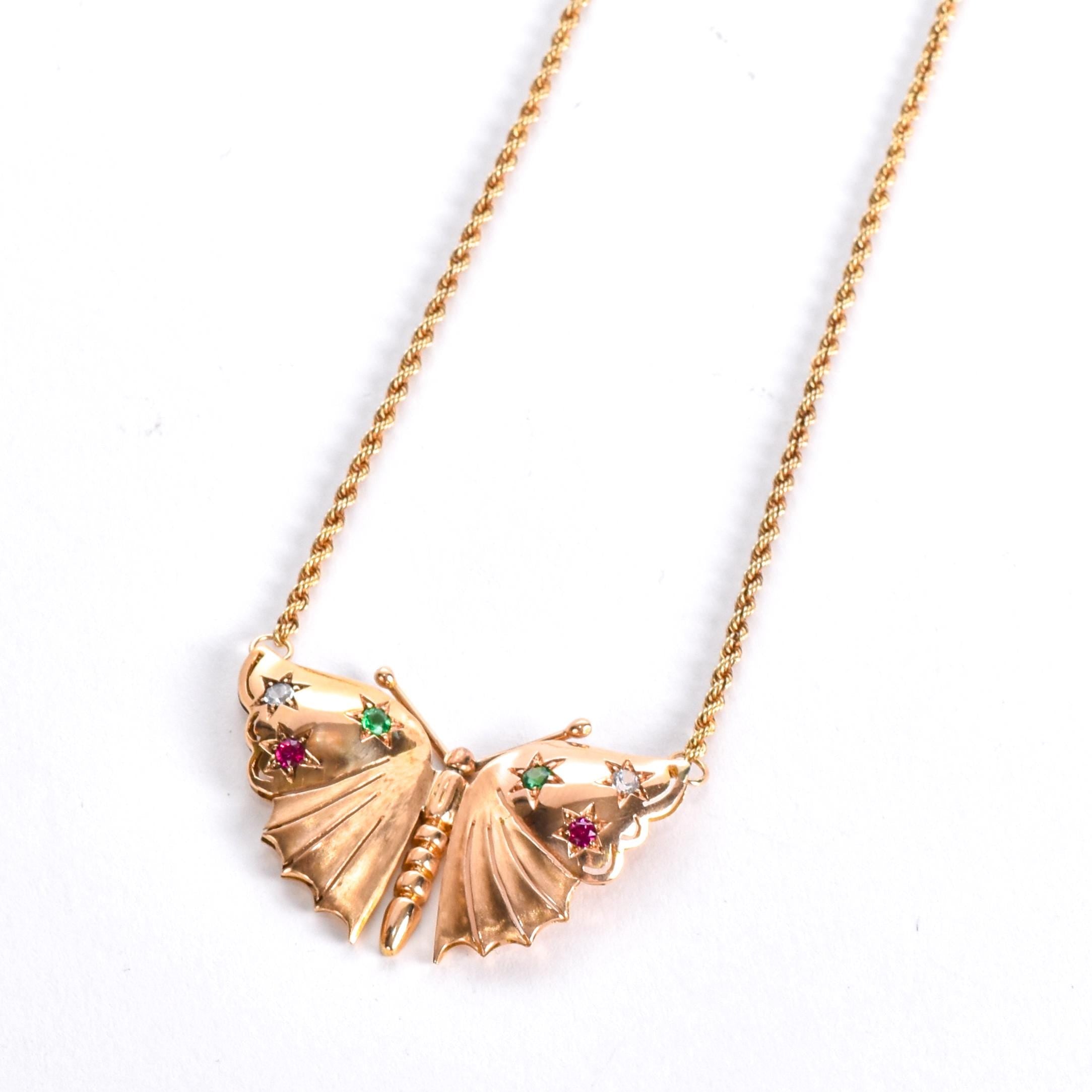 18K Gold Butterfly Pendant with Star Set Diamond, Emerald, and Ruby on 14K Rope Chain