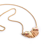 18K Gold Butterfly Pendant with Star Set Diamond, Emerald, and Ruby on 14K Rope Chain