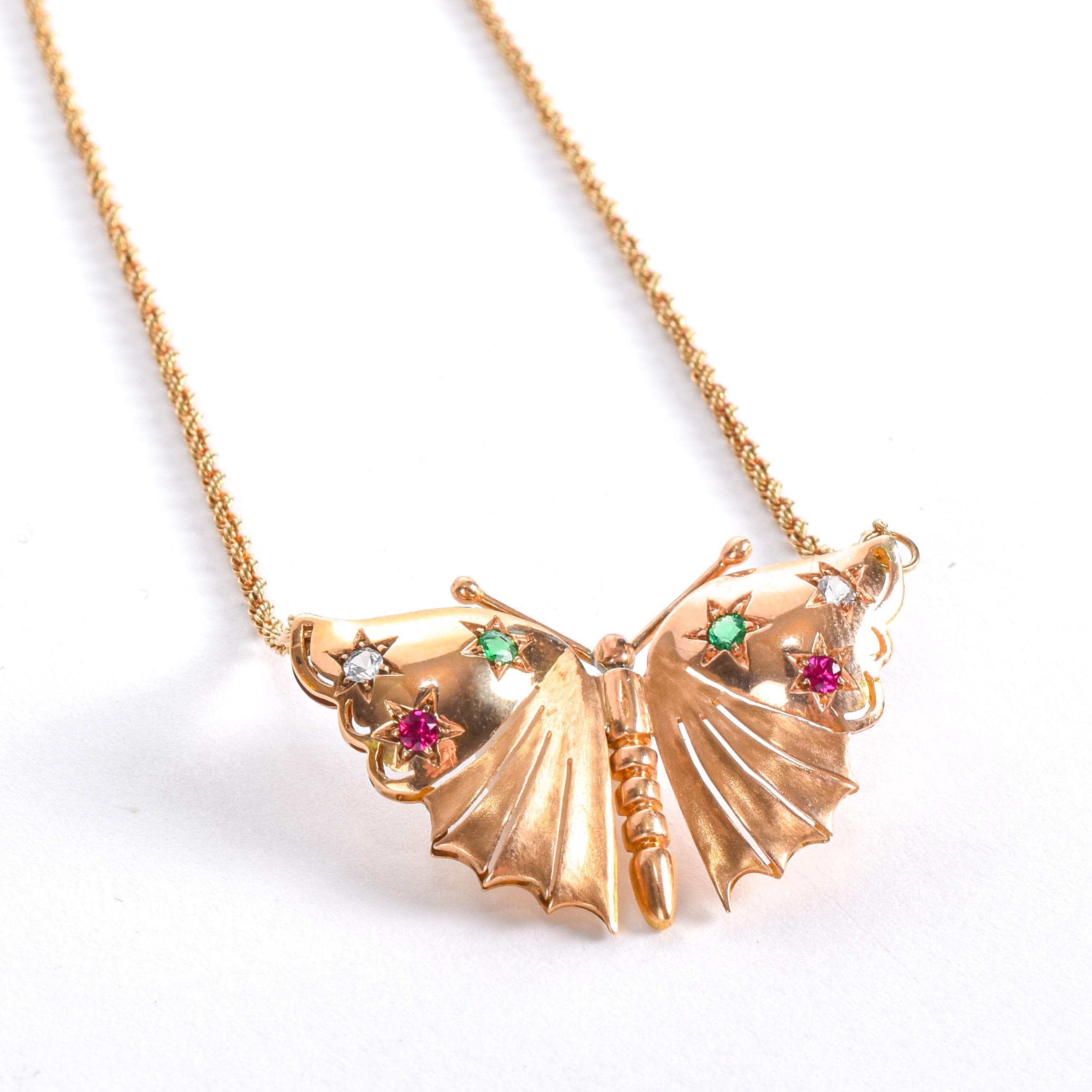 18K Gold Butterfly Pendant with Star Set Diamond, Emerald, and Ruby on 14K Rope Chain