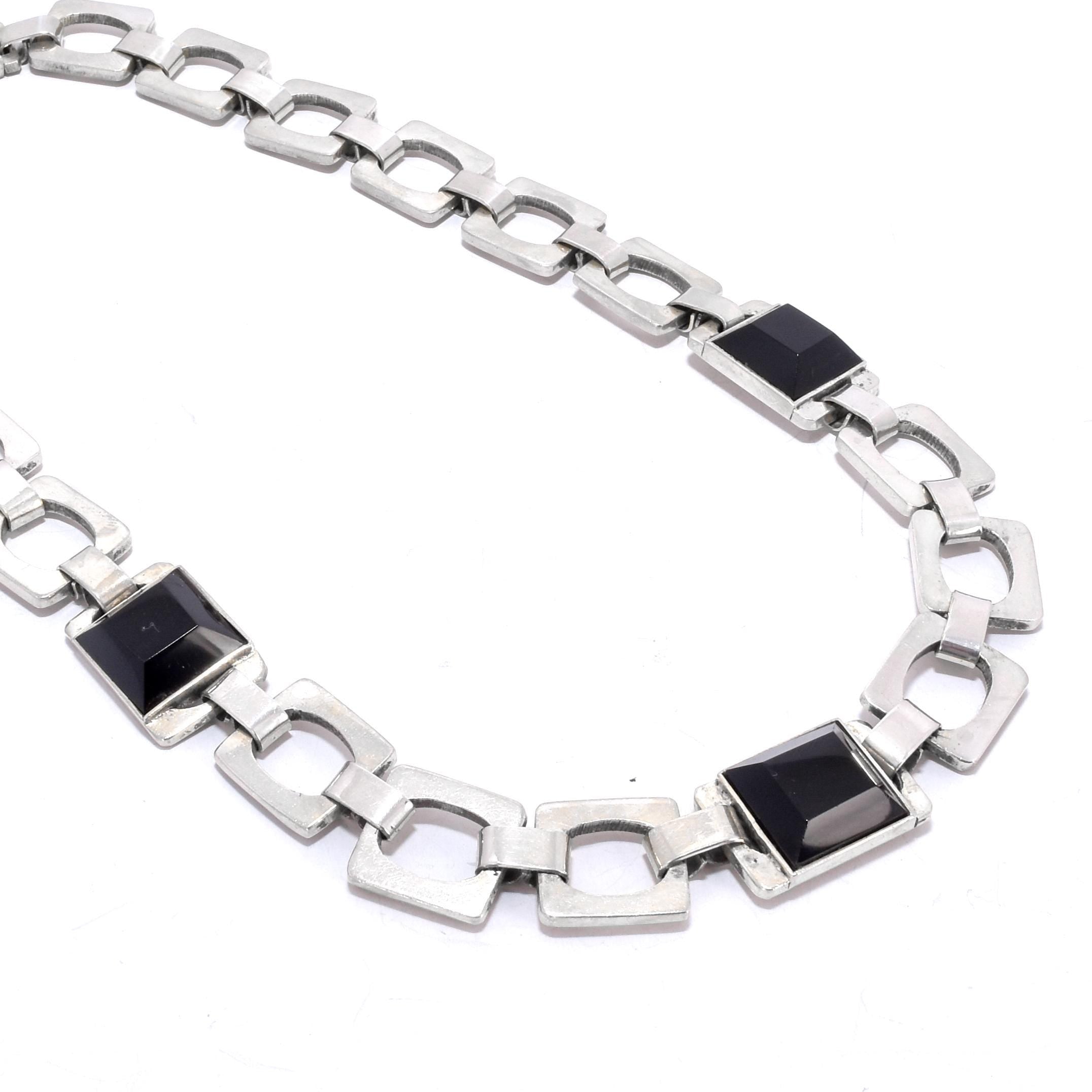 Taxco Sterling Silver and Onyx Chain Link Necklace