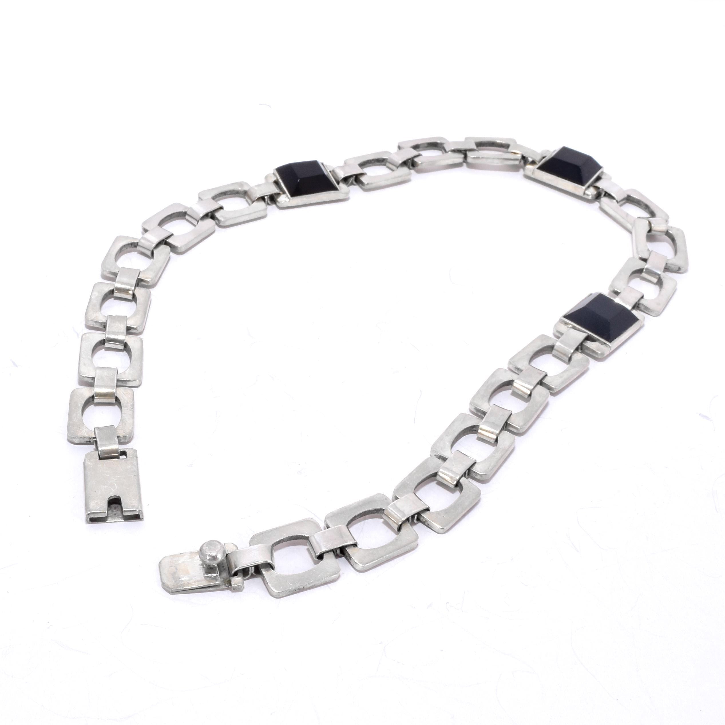 Taxco Sterling Silver and Onyx Chain Link Necklace