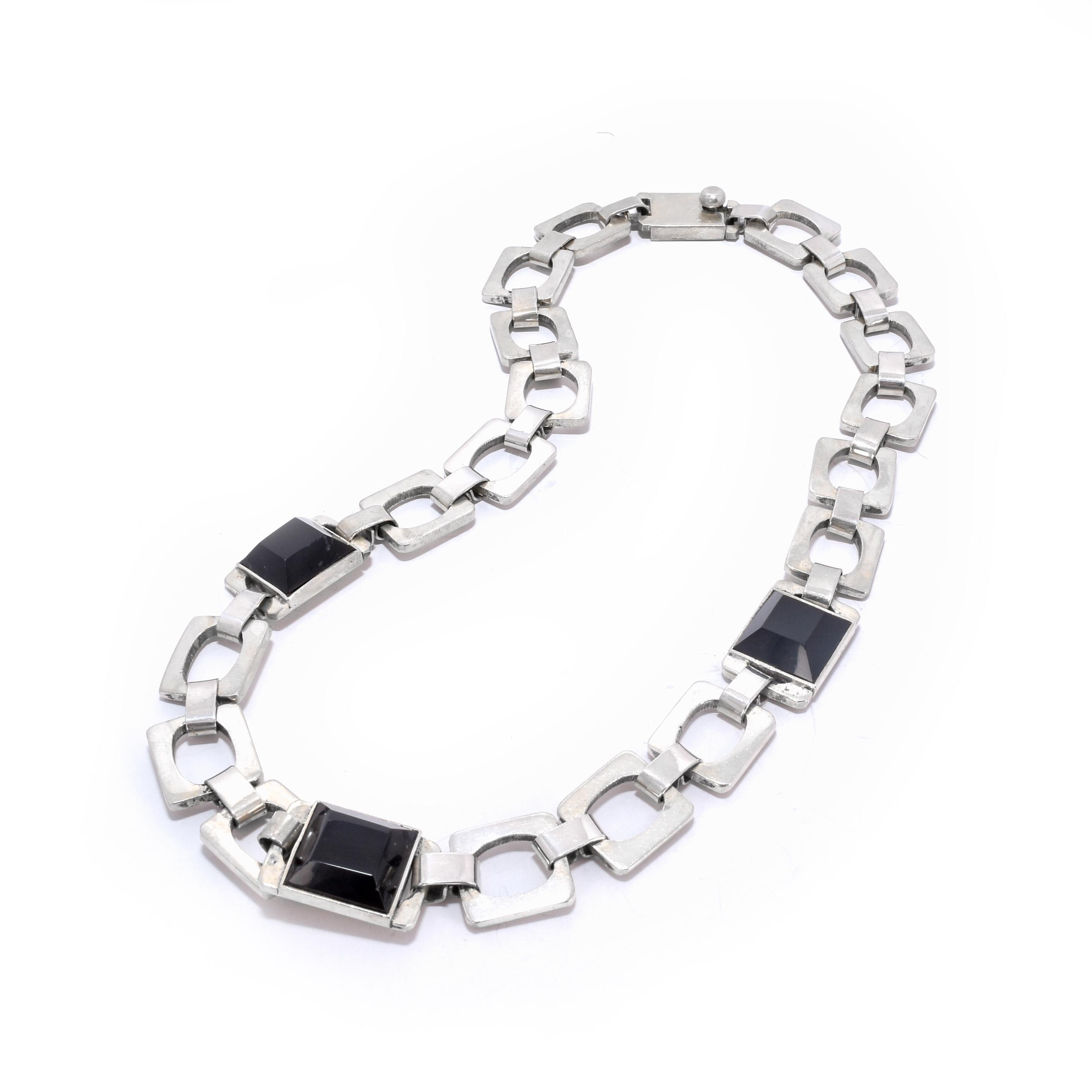 Taxco Sterling Silver and Onyx Chain Link Necklace