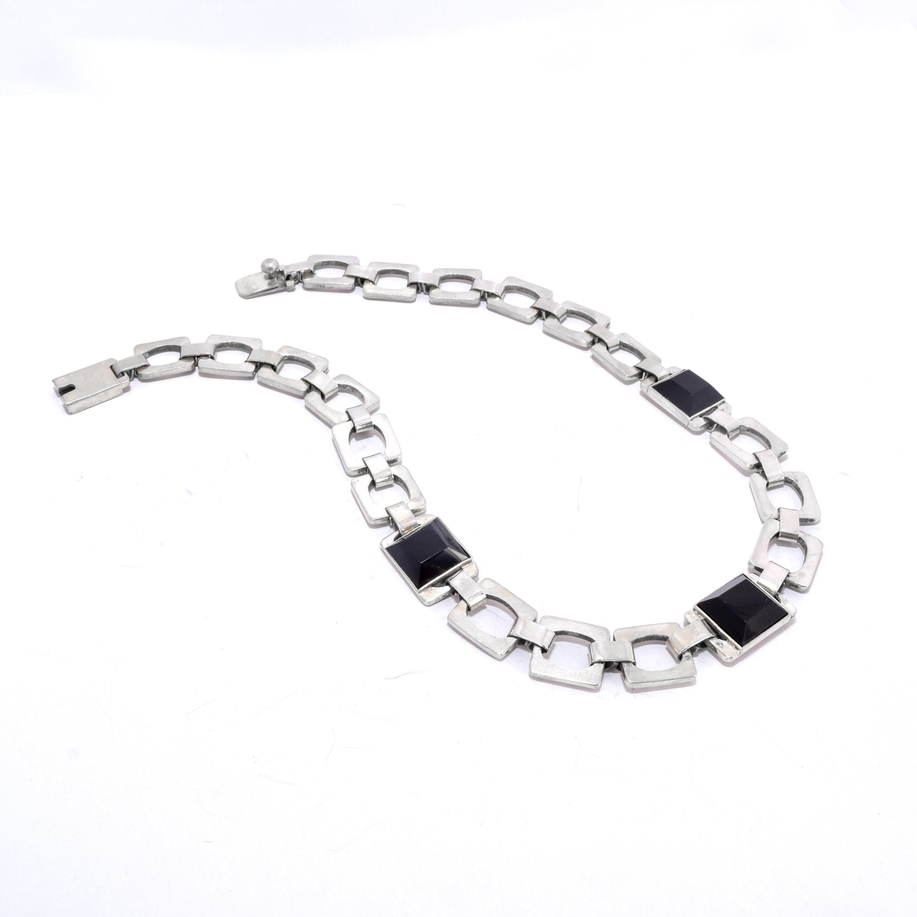 Taxco Sterling Silver and Onyx Chain Link Necklace