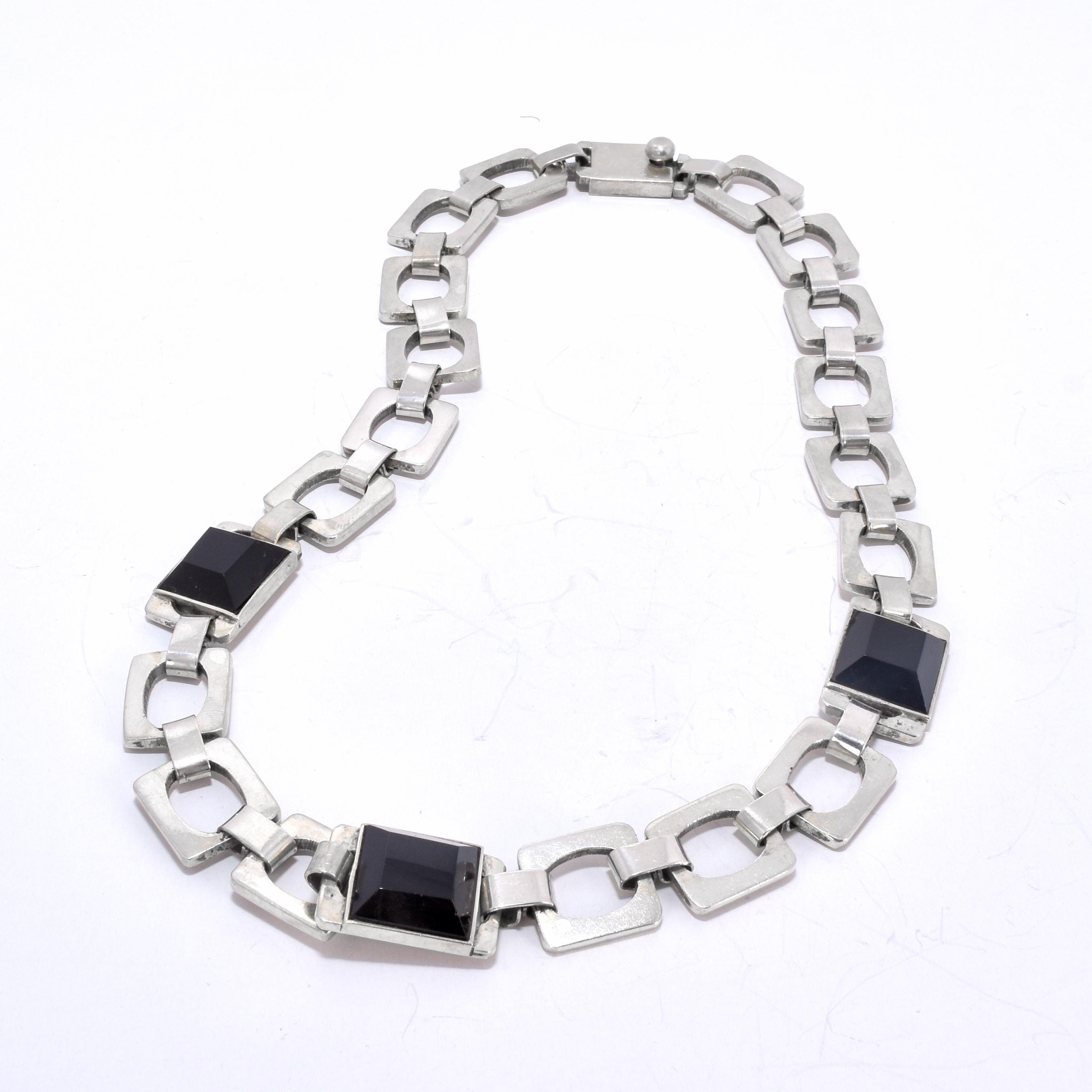 Taxco Sterling Silver and Onyx Chain Link Necklace