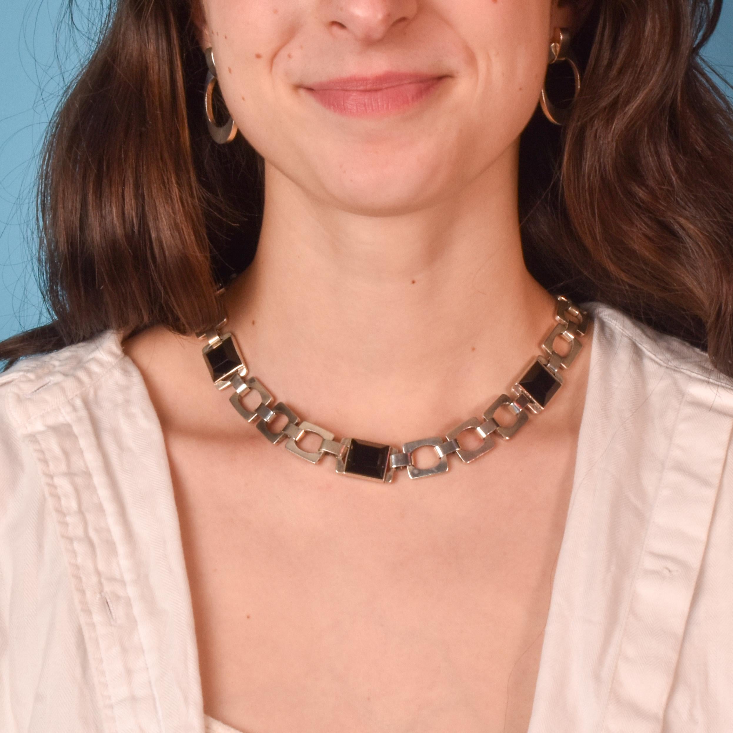 Taxco Sterling Silver and Onyx Chain Link Necklace