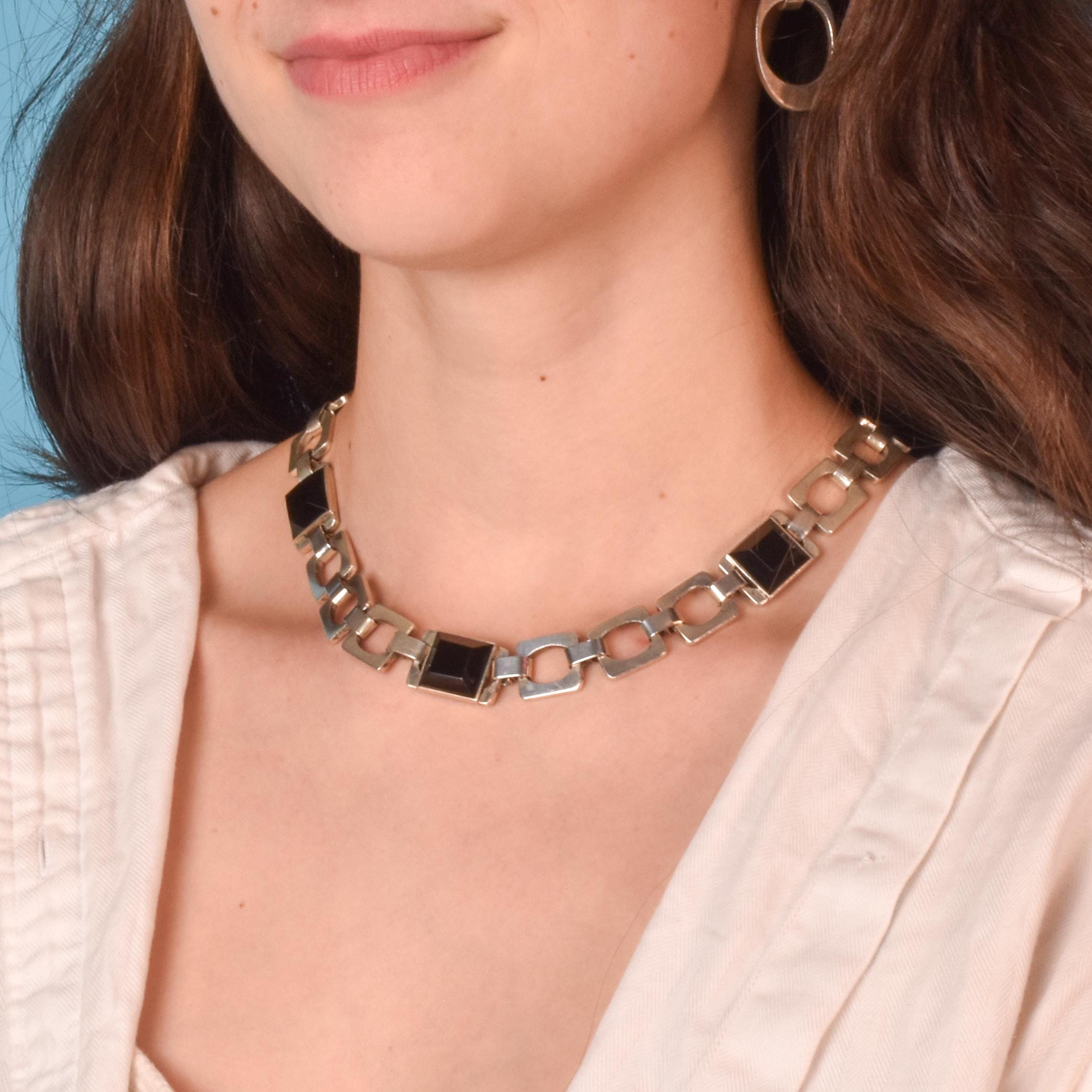 Taxco Sterling Silver and Onyx Chain Link Necklace