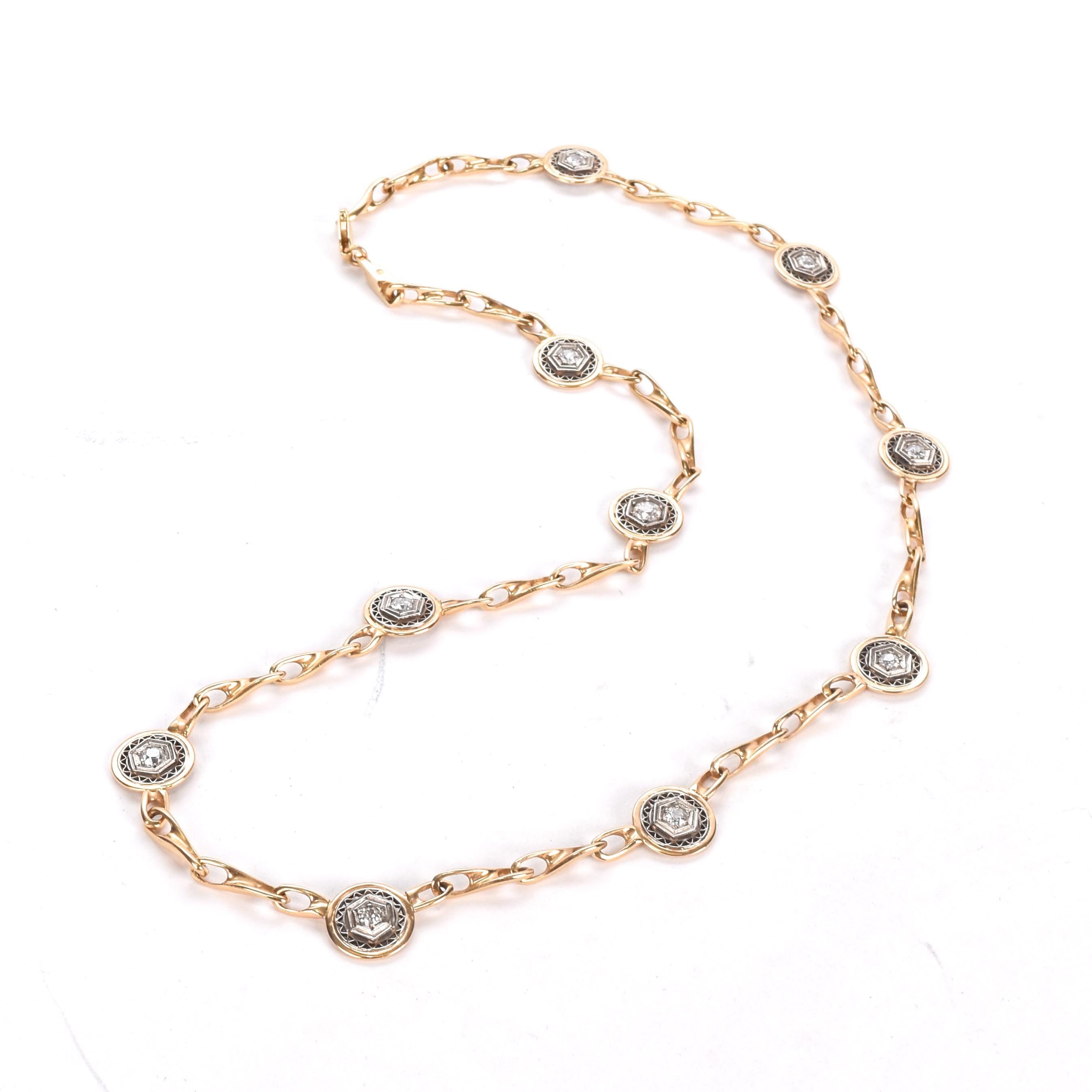 14K Two-Tone Gold Art Deco Filigree Medallion Link Necklace