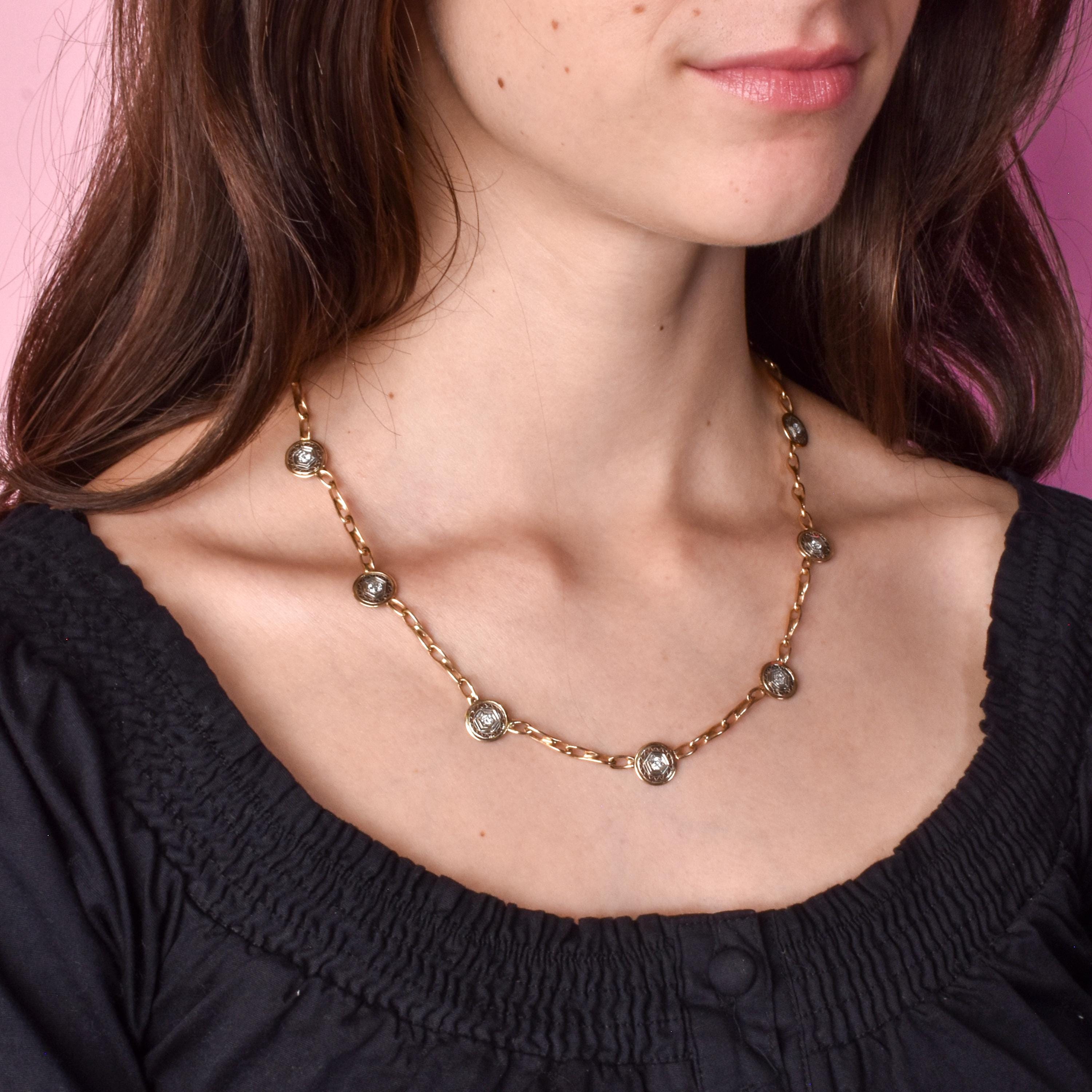 14K Two-Tone Gold Art Deco Filigree Medallion Link Necklace