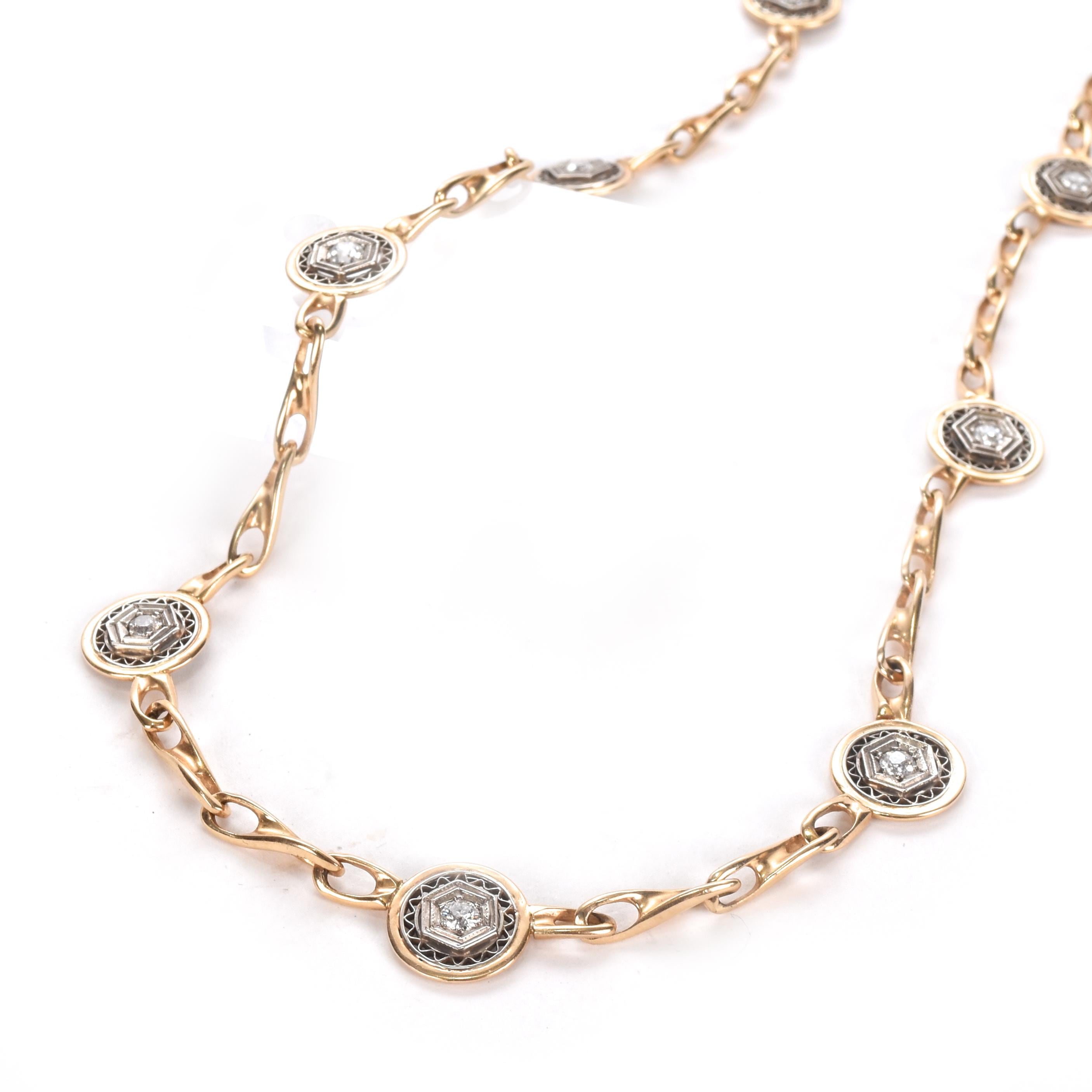 14K Two-Tone Gold Art Deco Filigree Medallion Link Necklace
