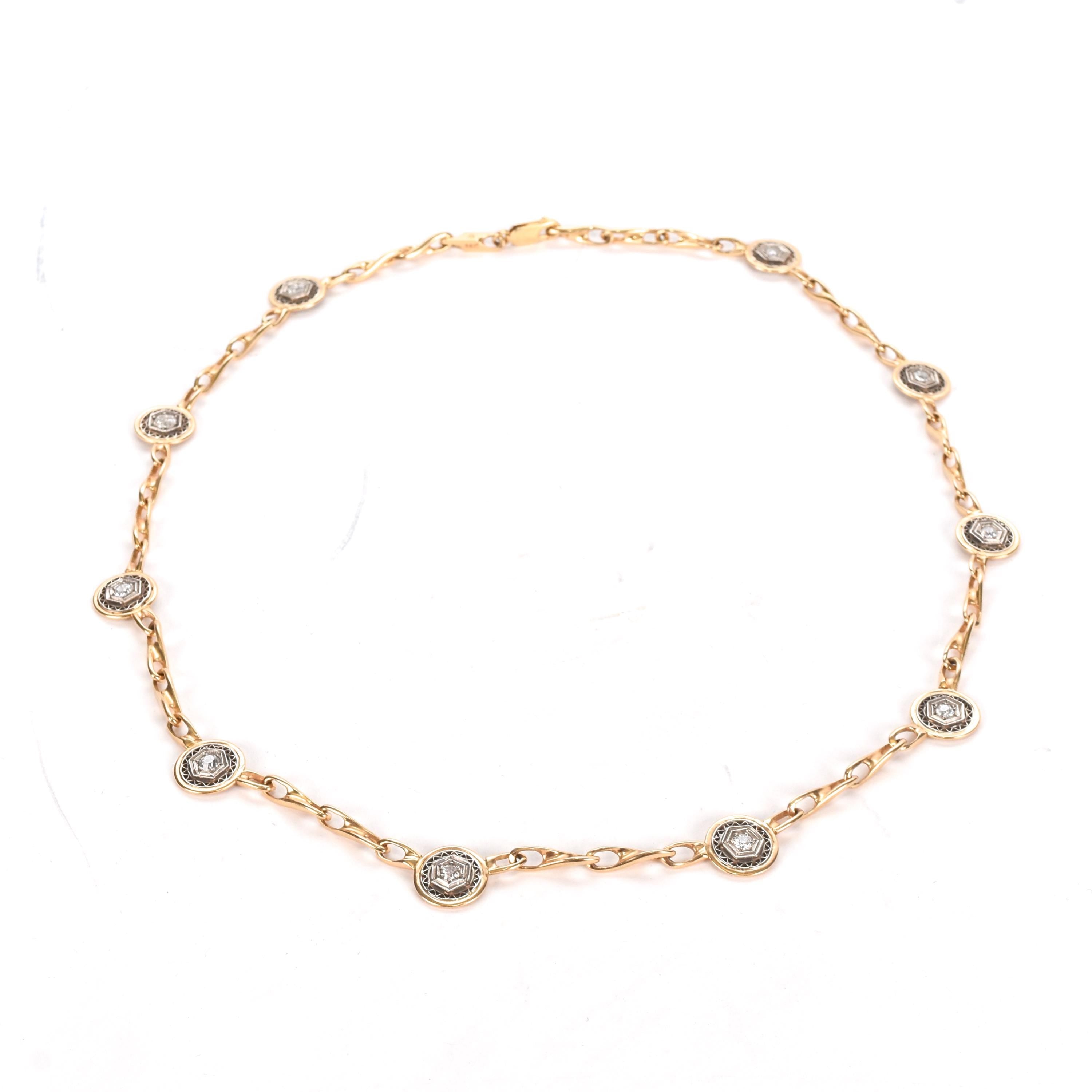 14K Two-Tone Gold Art Deco Filigree Medallion Link Necklace