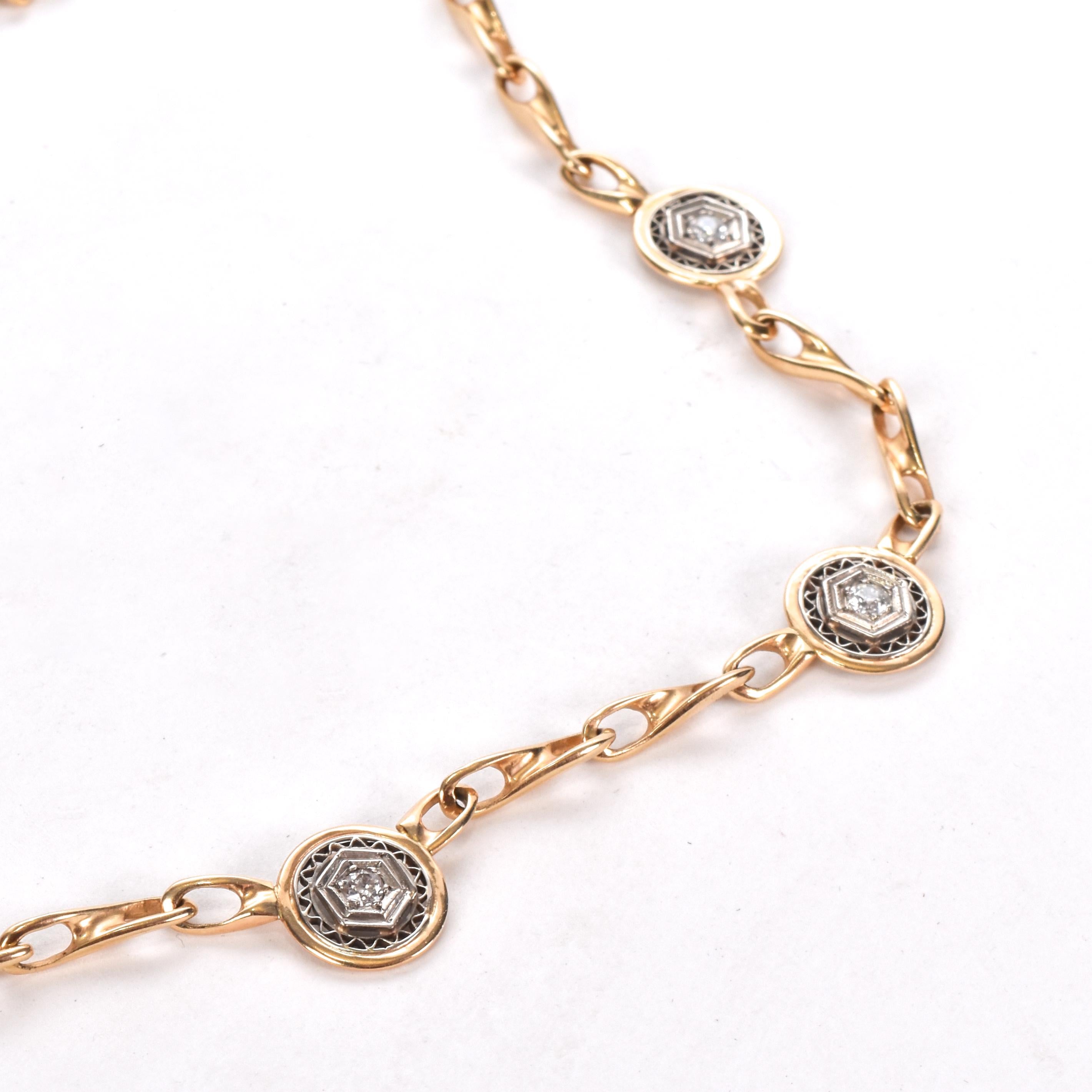 14K Two-Tone Gold Art Deco Filigree Medallion Link Necklace