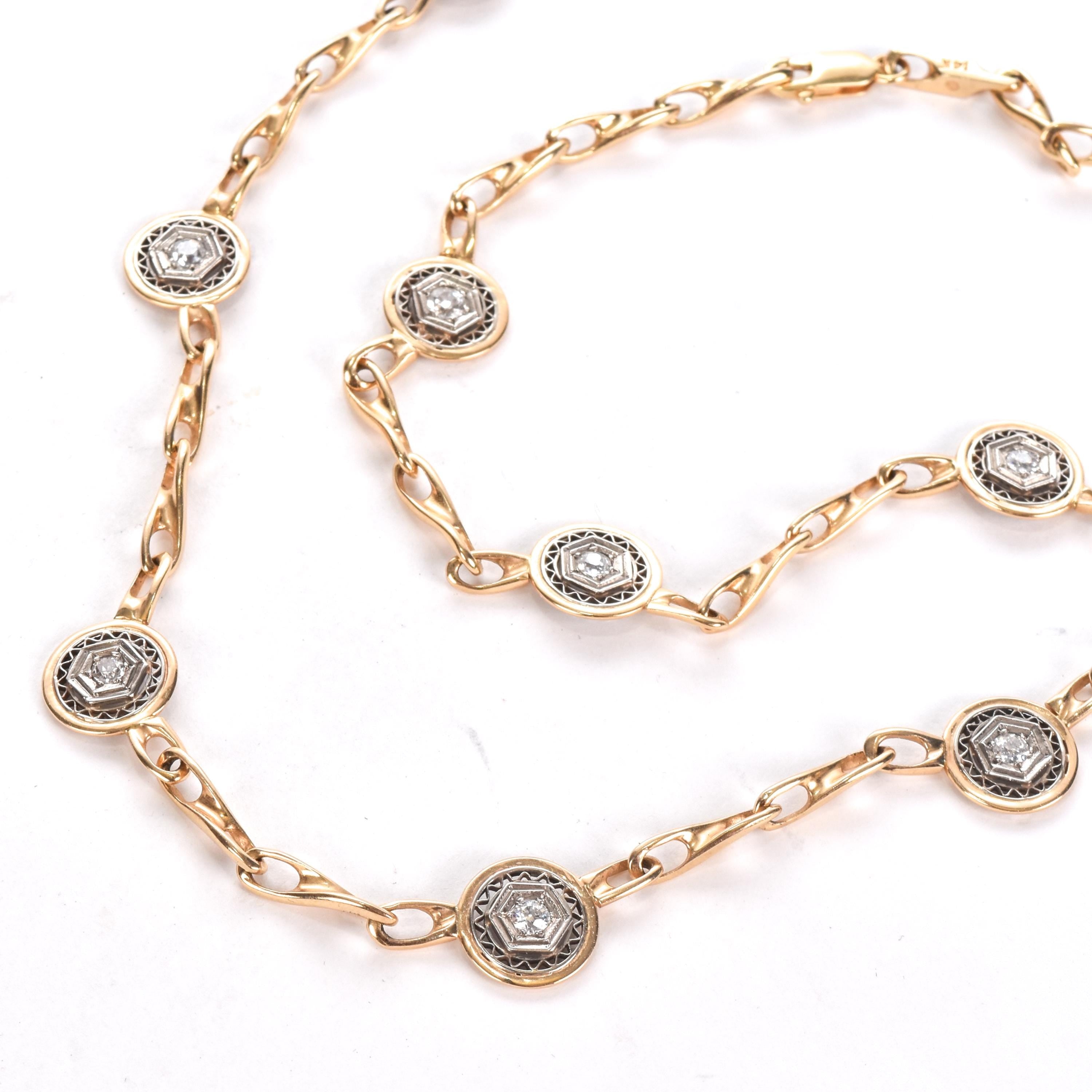 14K Two-Tone Gold Art Deco Filigree Medallion Link Necklace