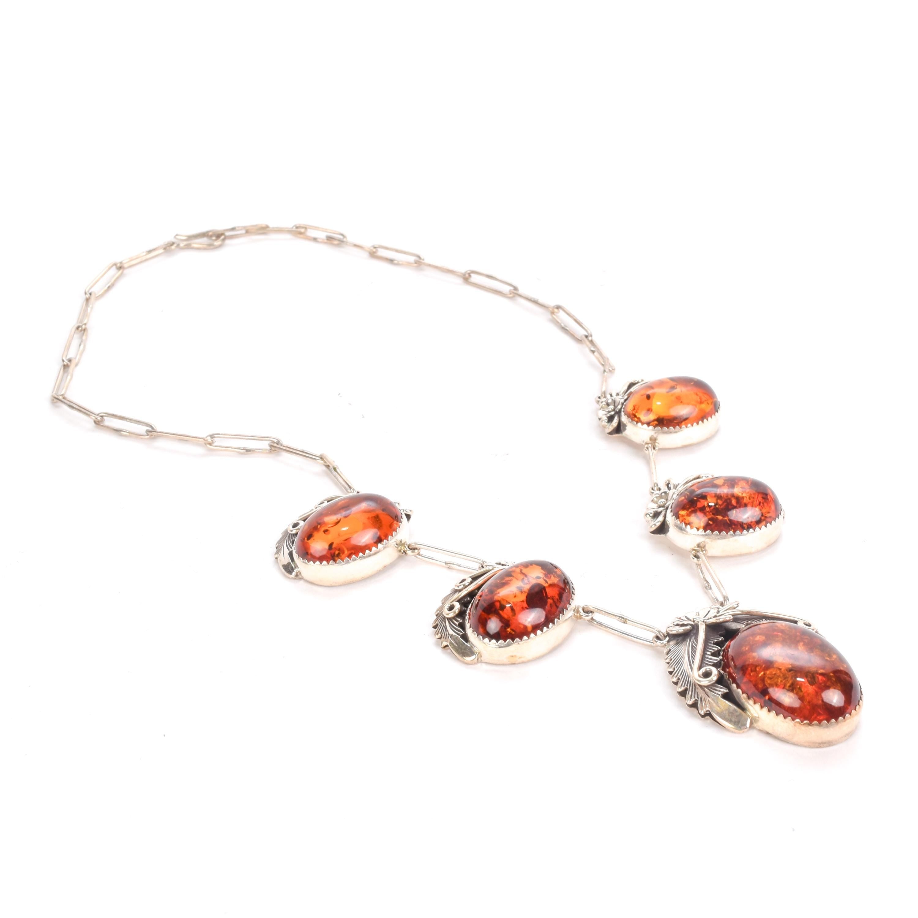 Signed Navajo Sterling Necklace with Large Amber Pendants