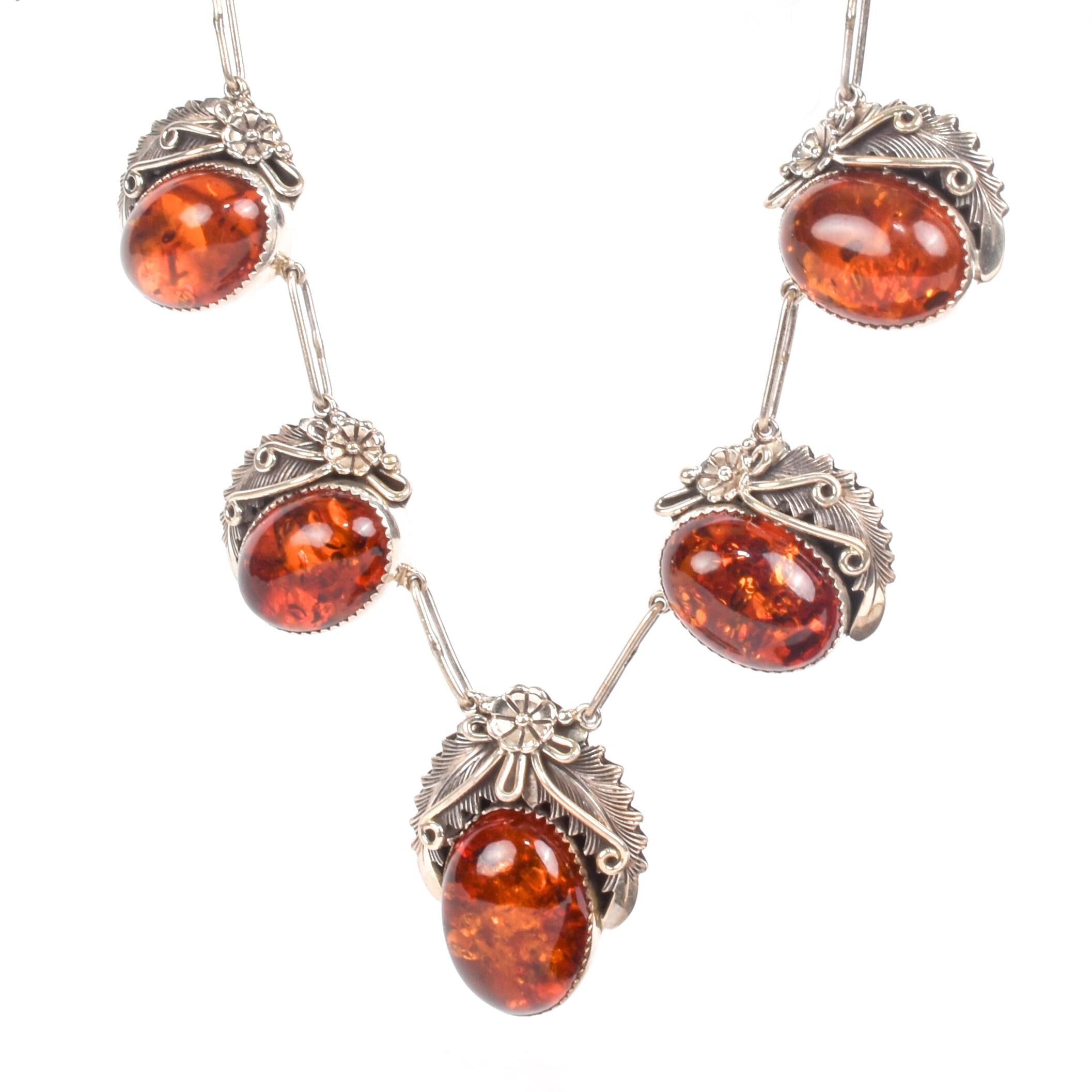 Signed Navajo Sterling Necklace with Large Amber Pendants