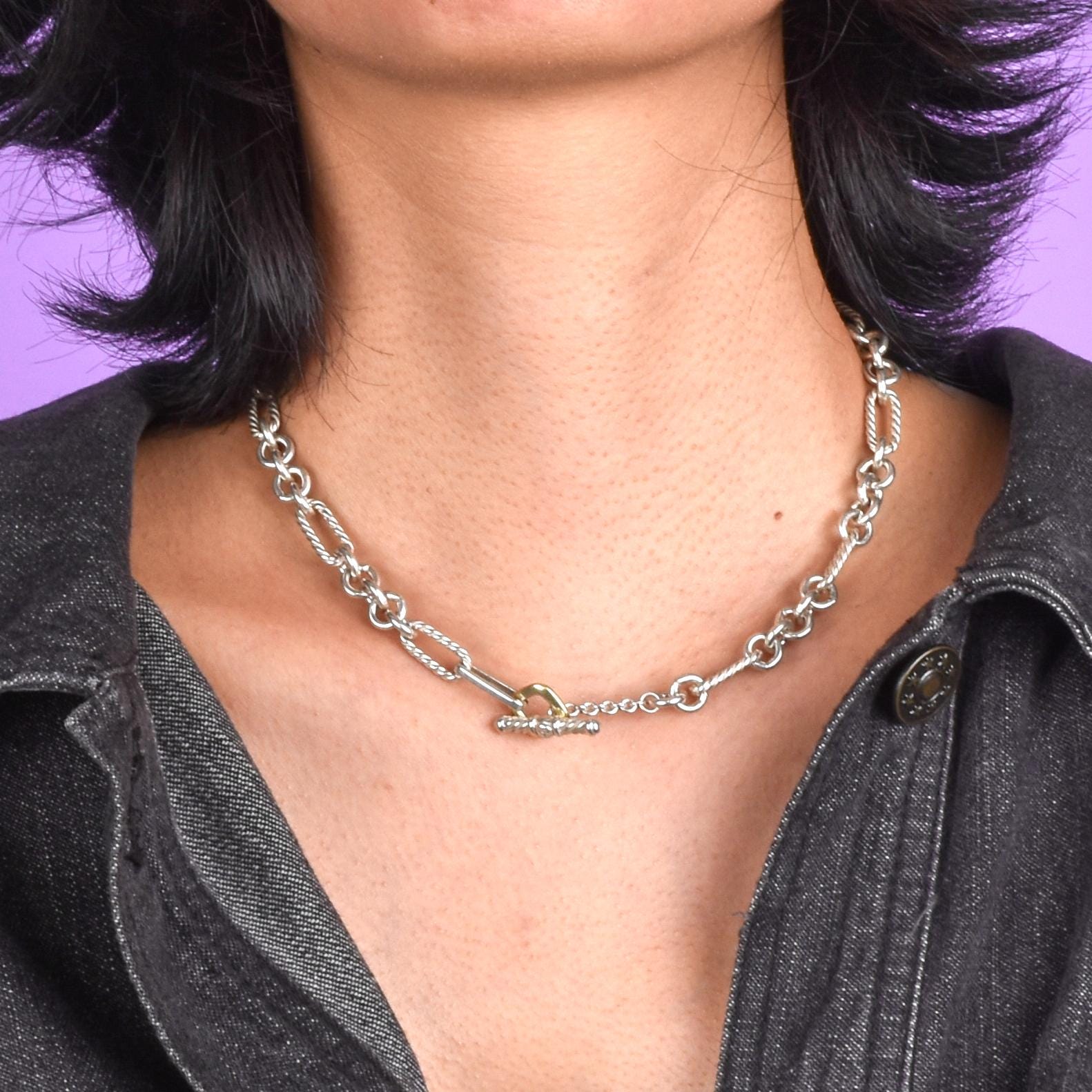 David Yurman 18K Gold and Silver Oval Link Toggle Chain Necklace