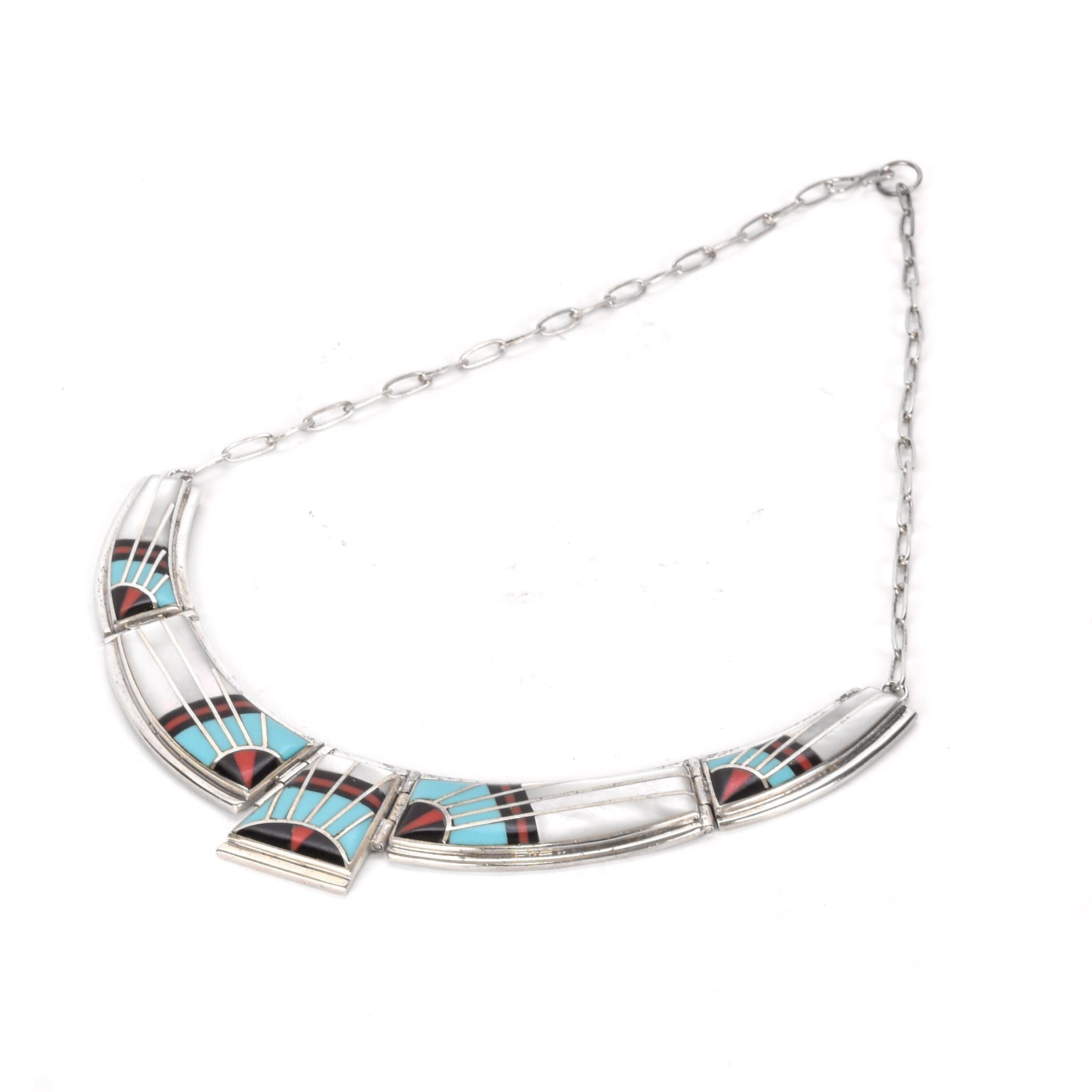 Zuni Style Sterling Silver Turquoise Inlay Necklace