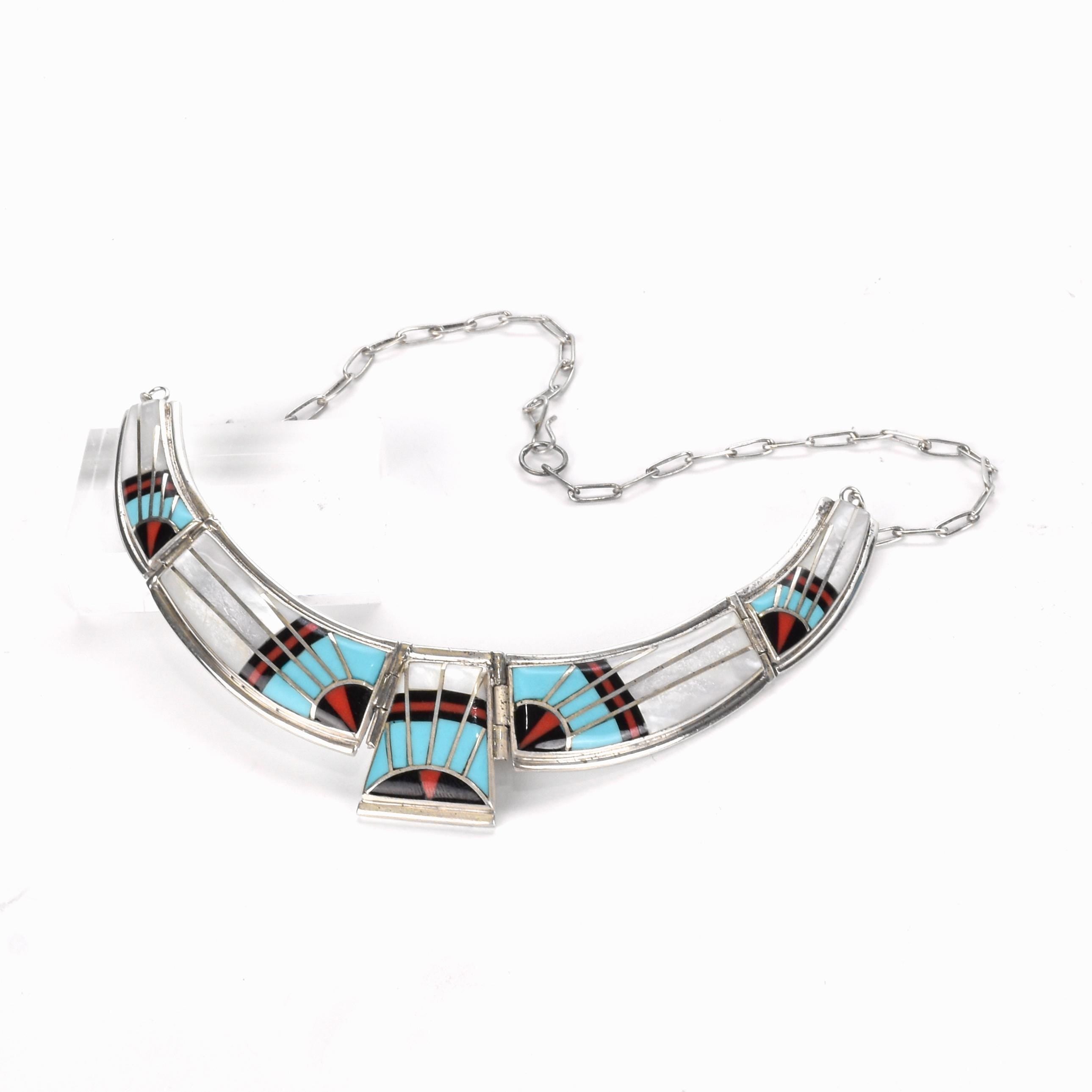 Zuni Style Sterling Silver Turquoise Inlay Necklace