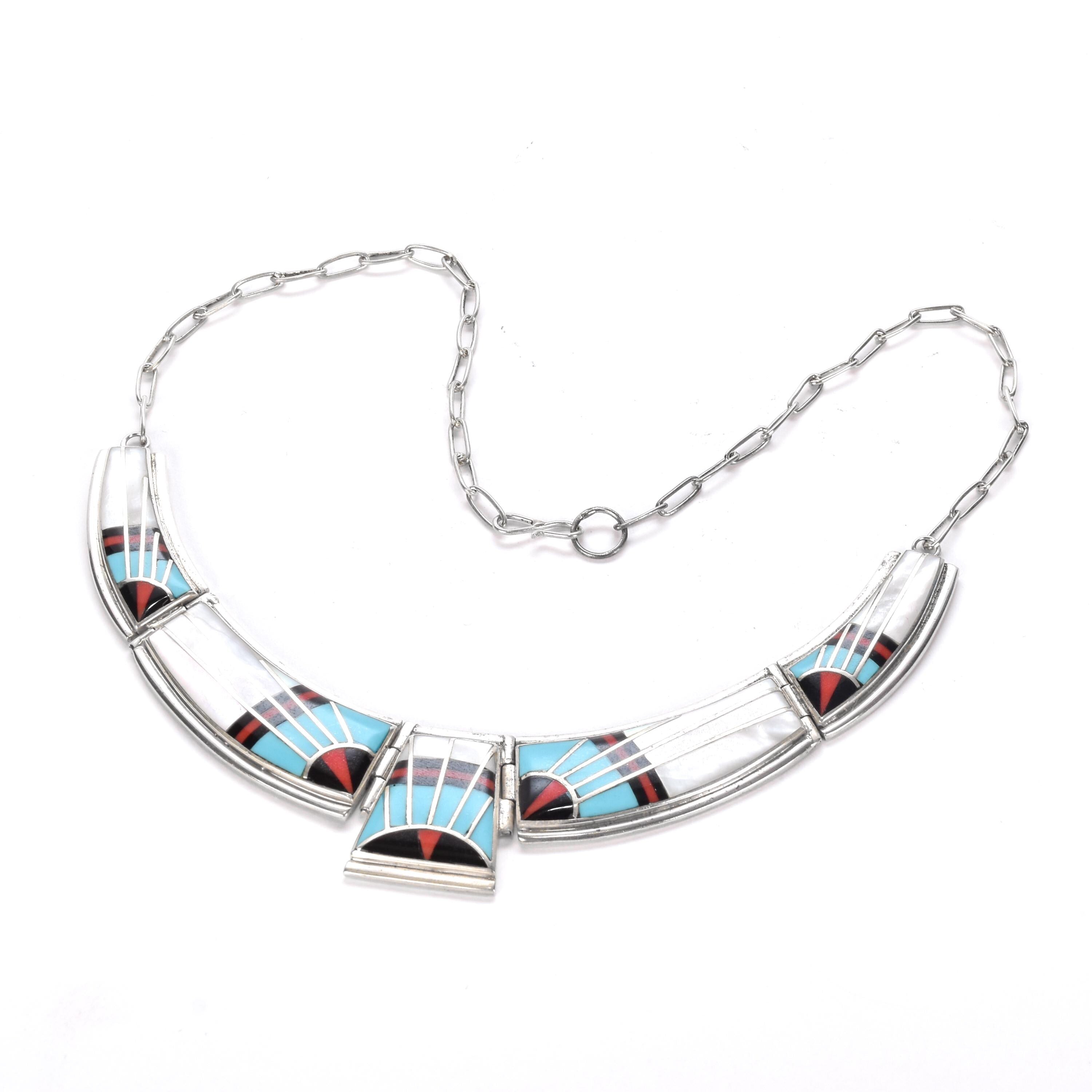 Zuni Style Sterling Silver Turquoise Inlay Necklace