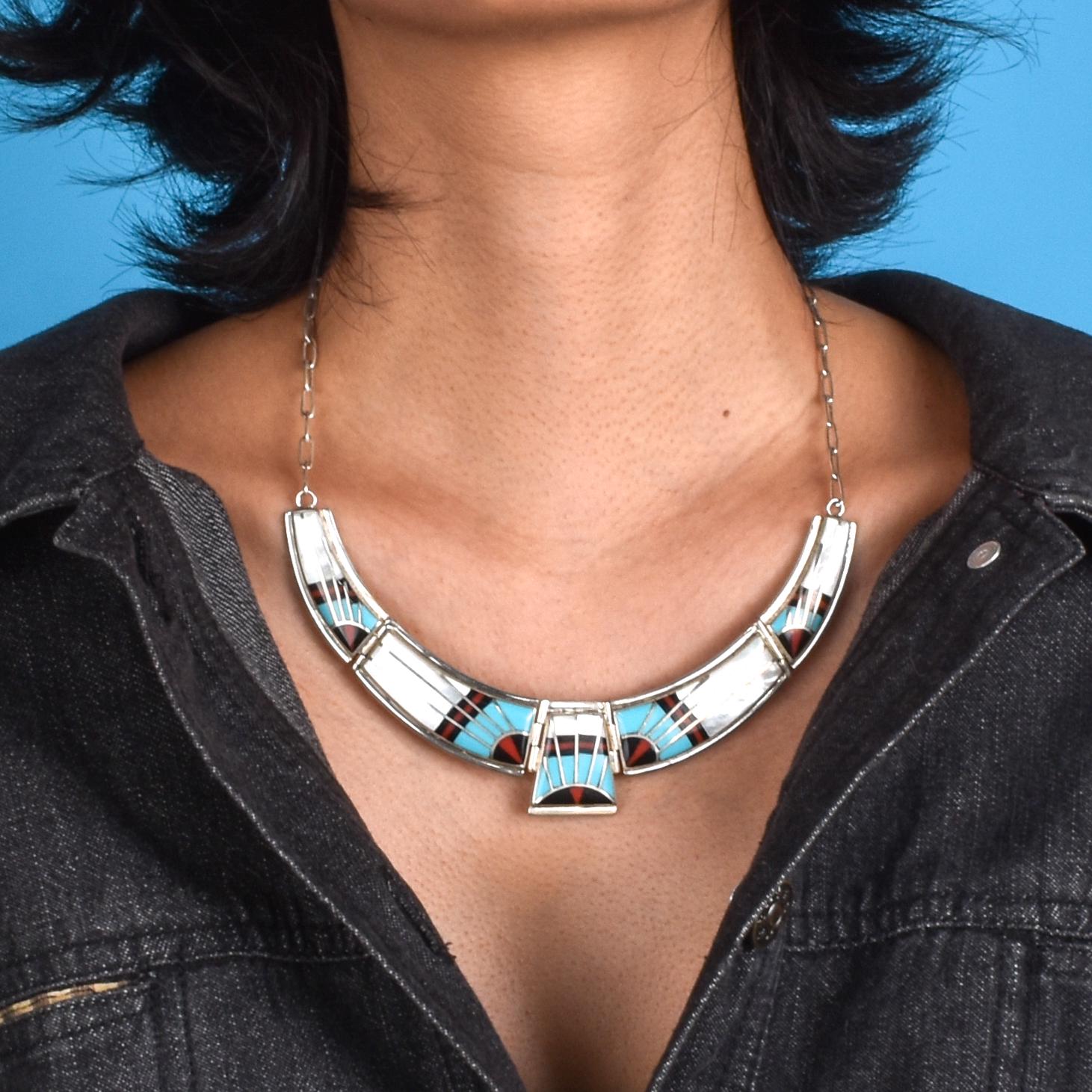 Zuni Style Sterling Silver Turquoise Inlay Necklace
