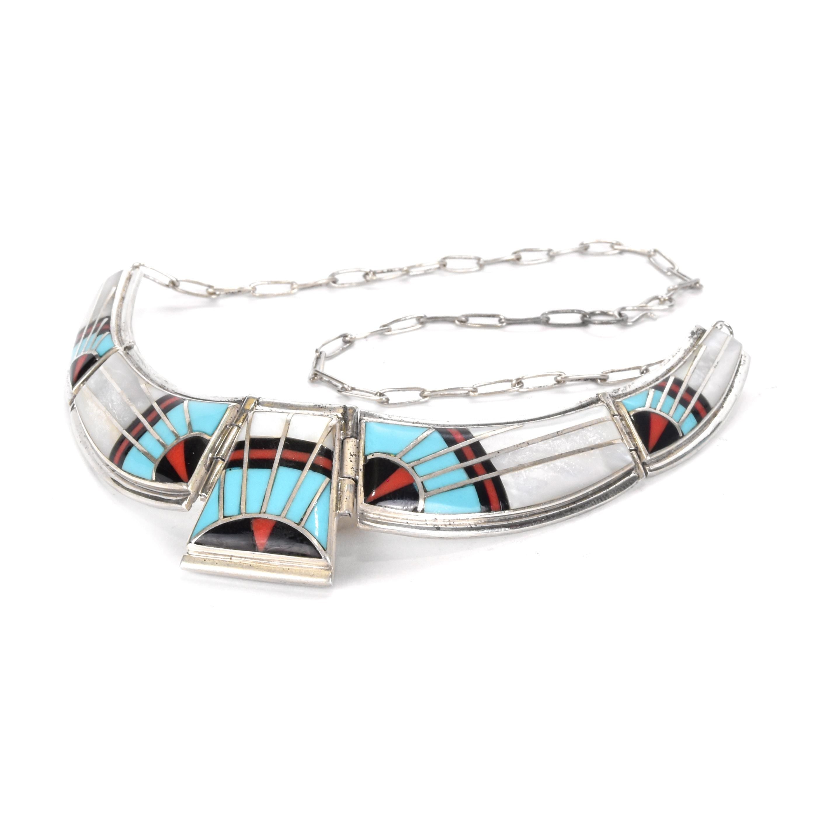 Zuni Style Sterling Silver Turquoise Inlay Necklace