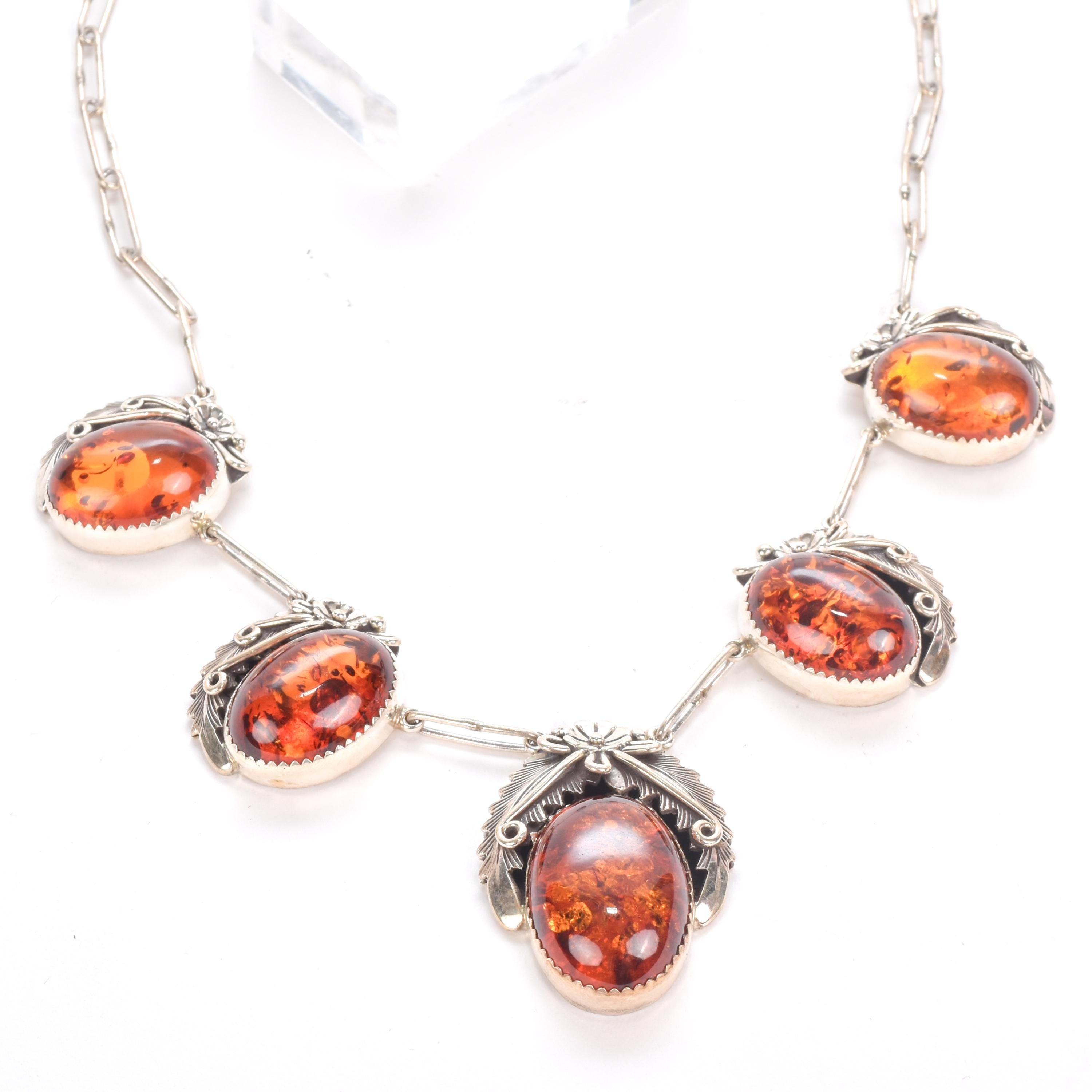 Signed Navajo Sterling Necklace with Large Amber Pendants