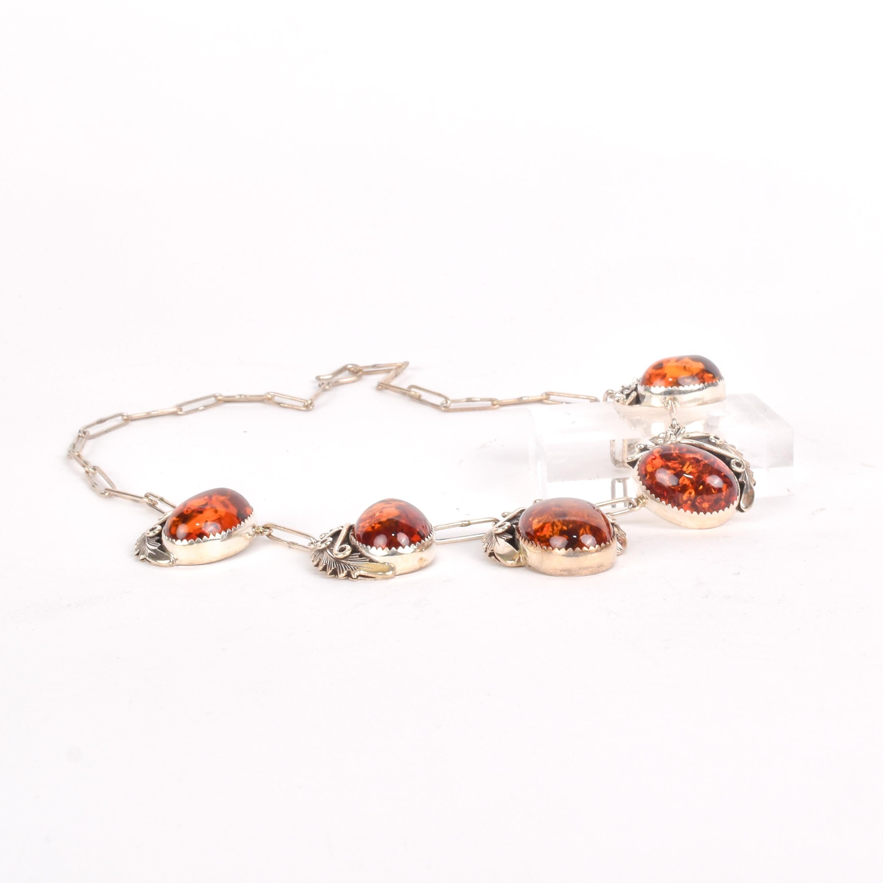 Signed Navajo Sterling Necklace with Large Amber Pendants