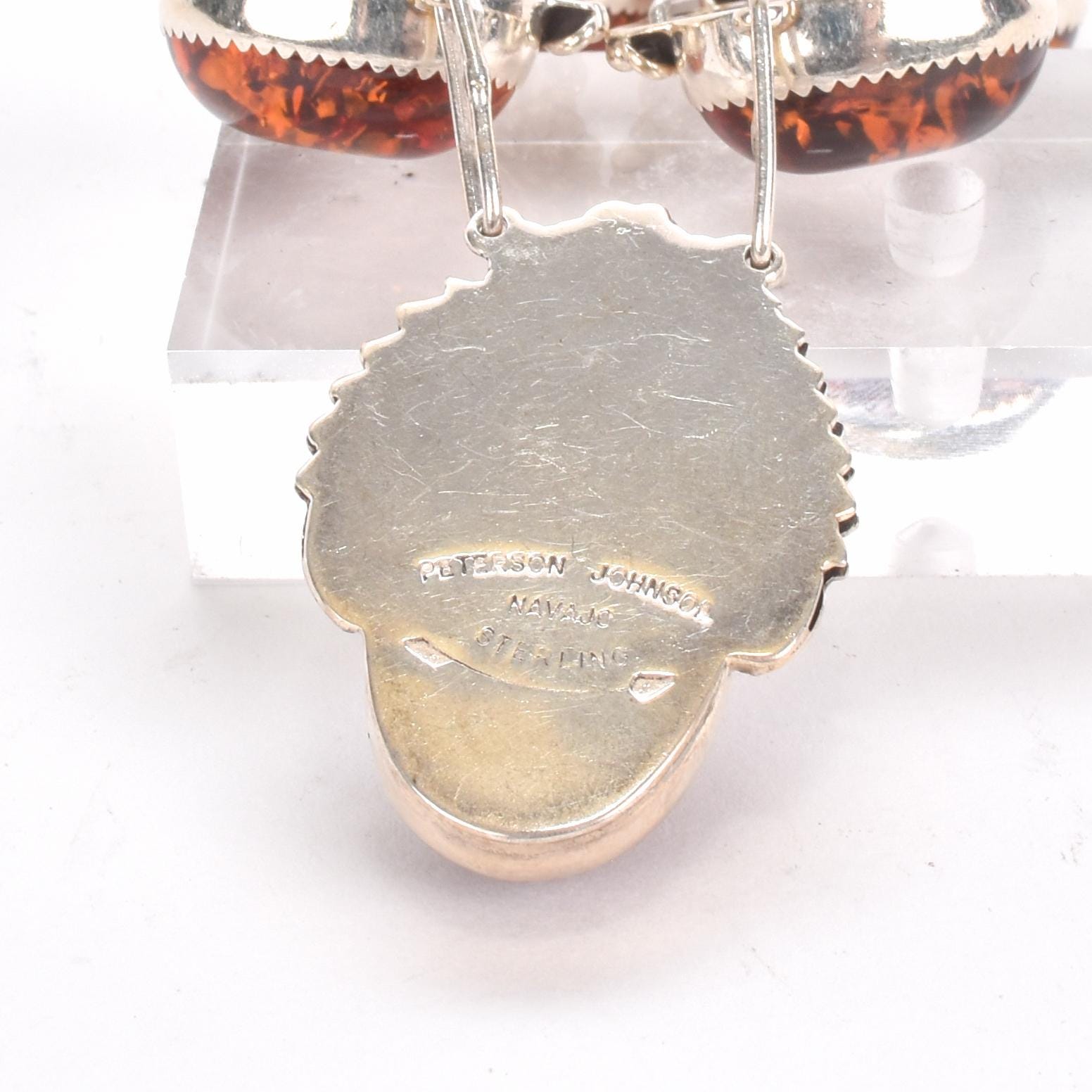 Signed Navajo Sterling Necklace with Large Amber Pendants