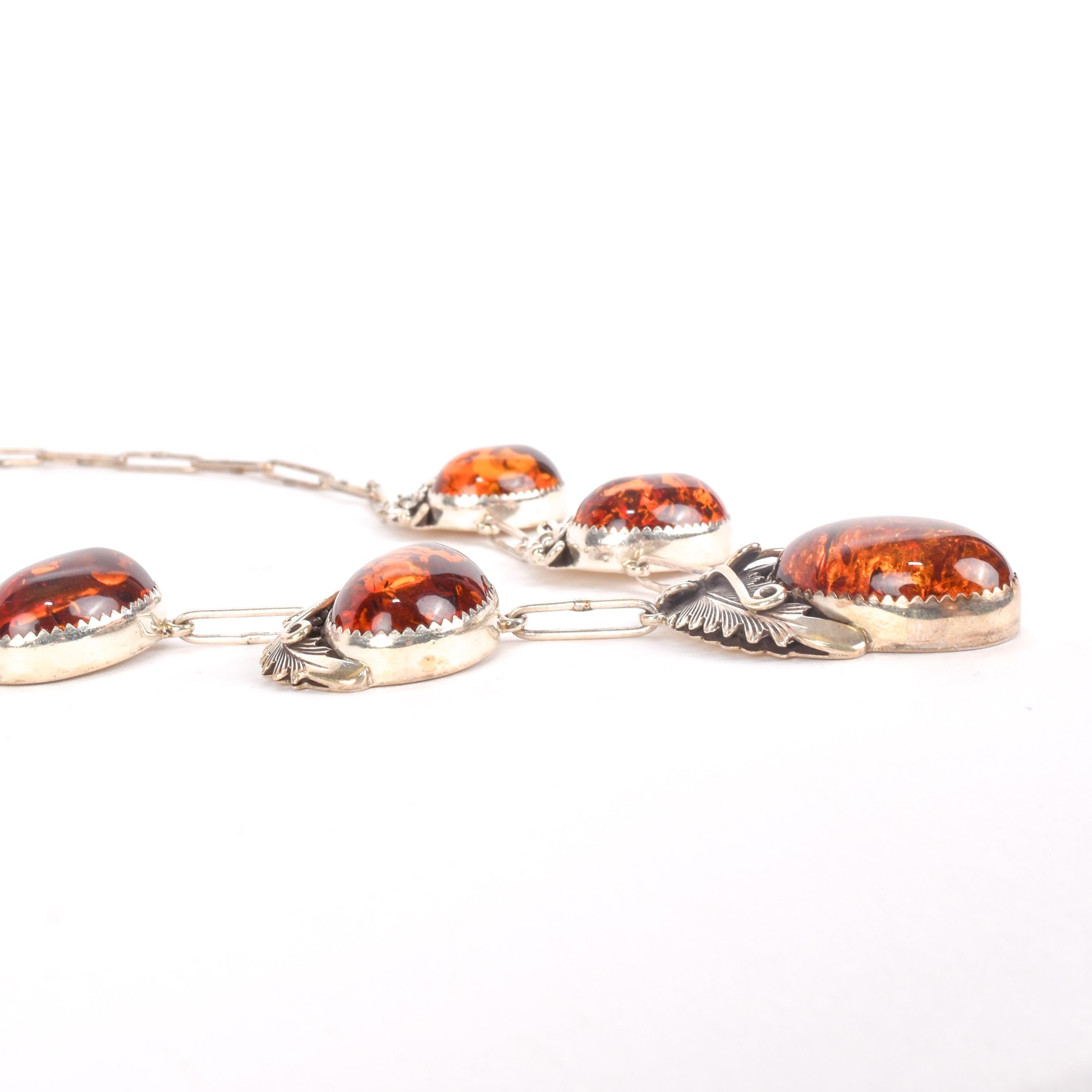 Signed Navajo Sterling Necklace with Large Amber Pendants