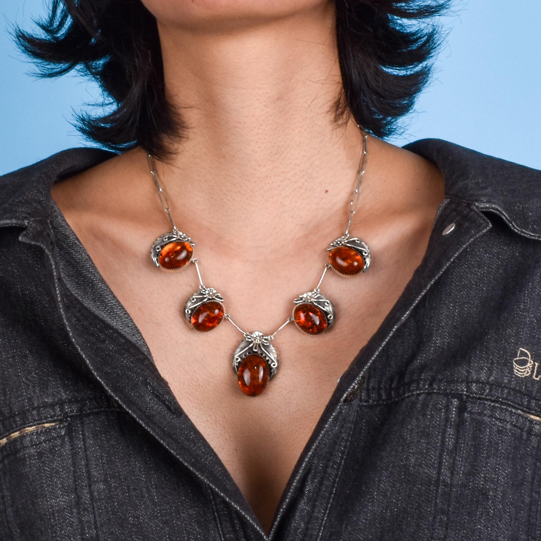 Signed Navajo Sterling Necklace with Large Amber Pendants