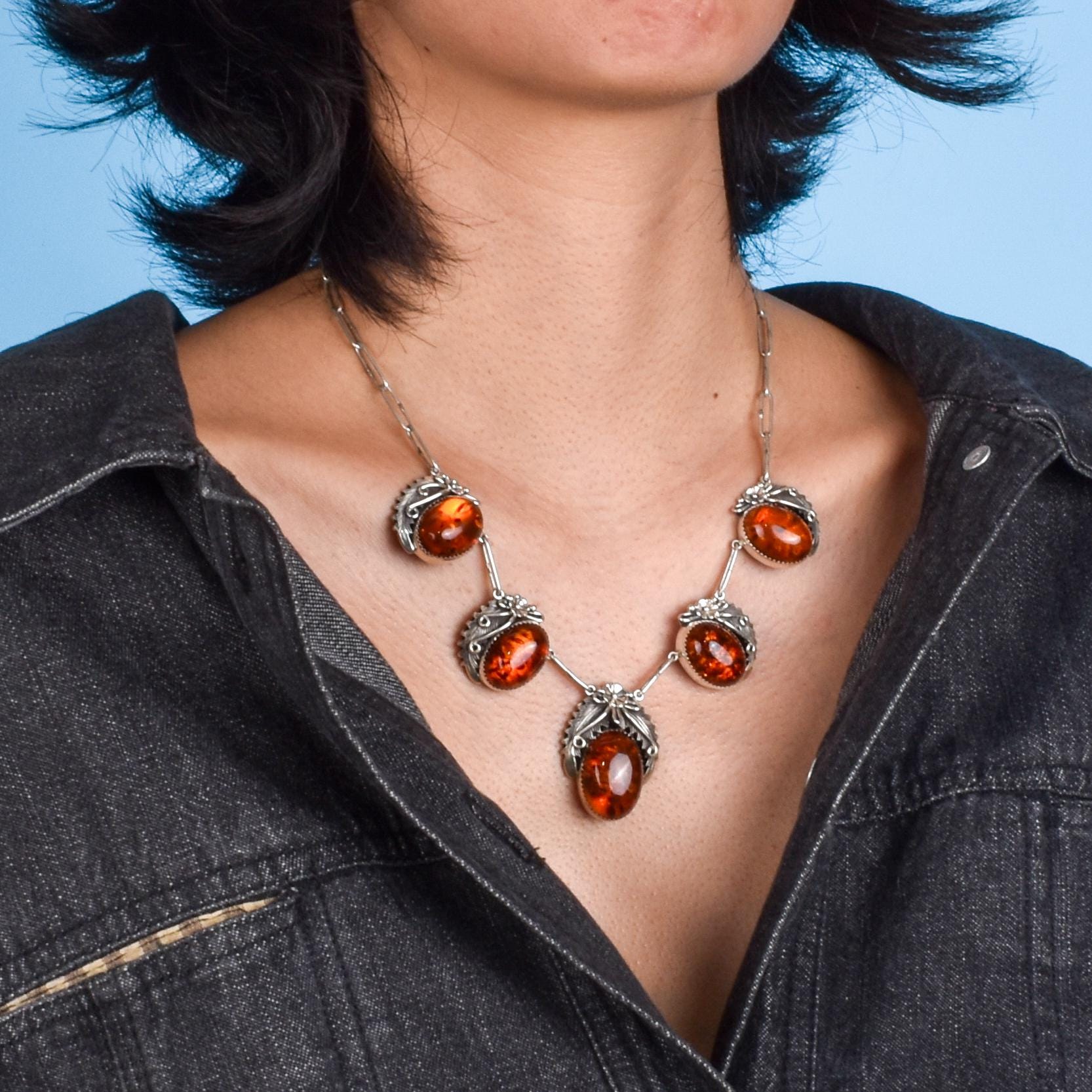 Signed Navajo Sterling Necklace with Large Amber Pendants