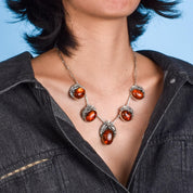 Signed Navajo Sterling Necklace with Large Amber Pendants