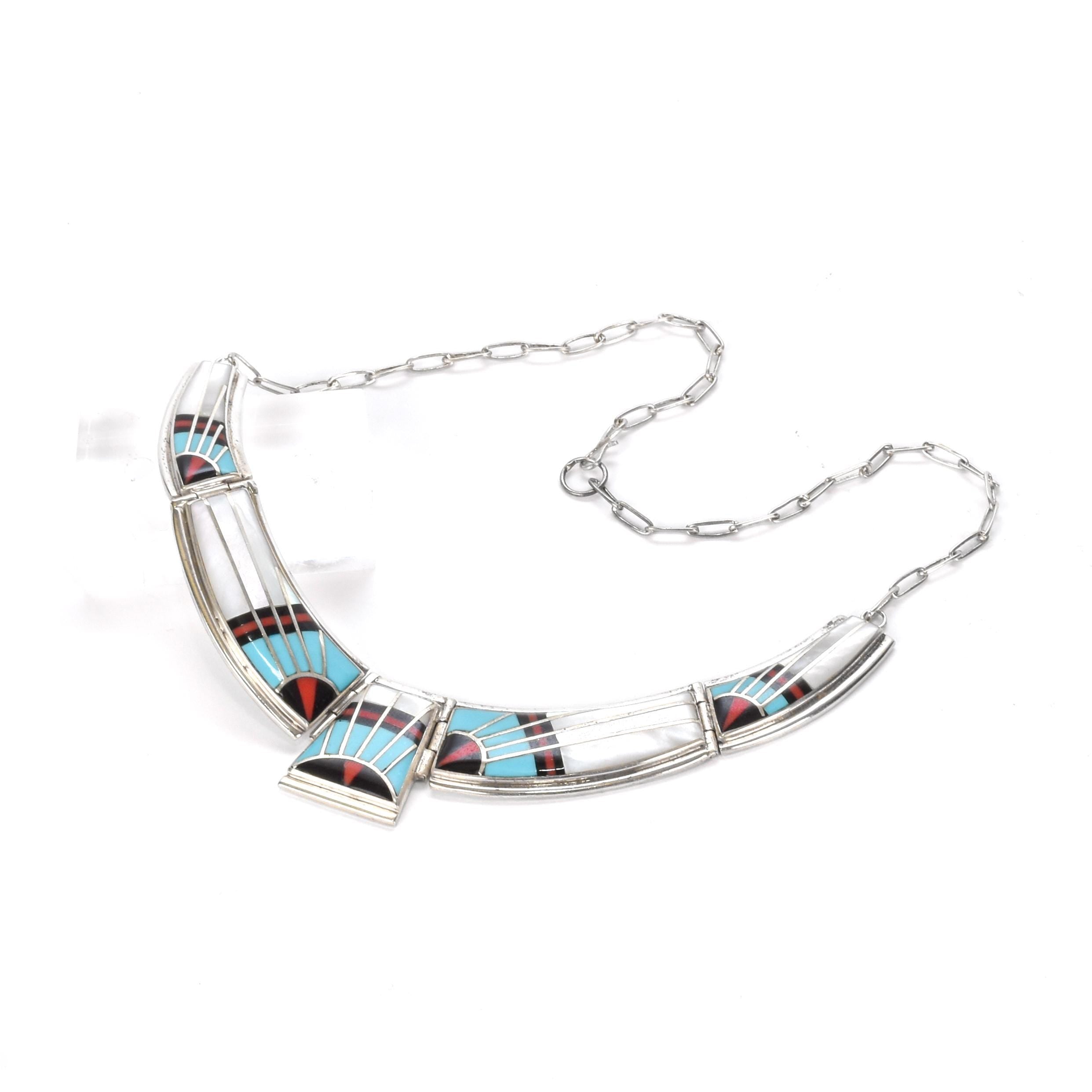 Zuni Style Sterling Silver Turquoise Inlay Necklace