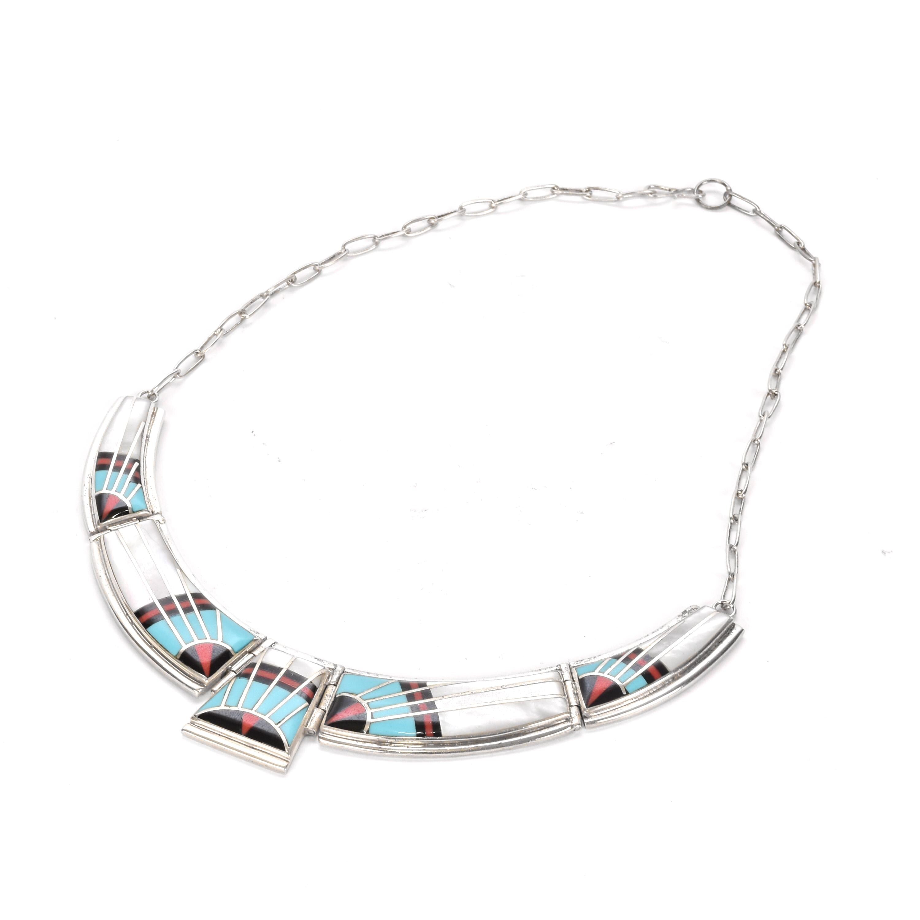 Zuni Style Sterling Silver Turquoise Inlay Necklace