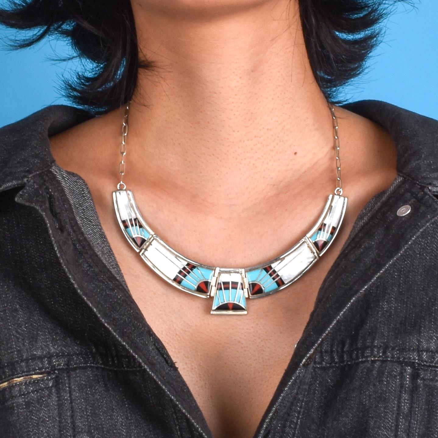 Zuni Style Sterling Silver Turquoise Inlay Necklace