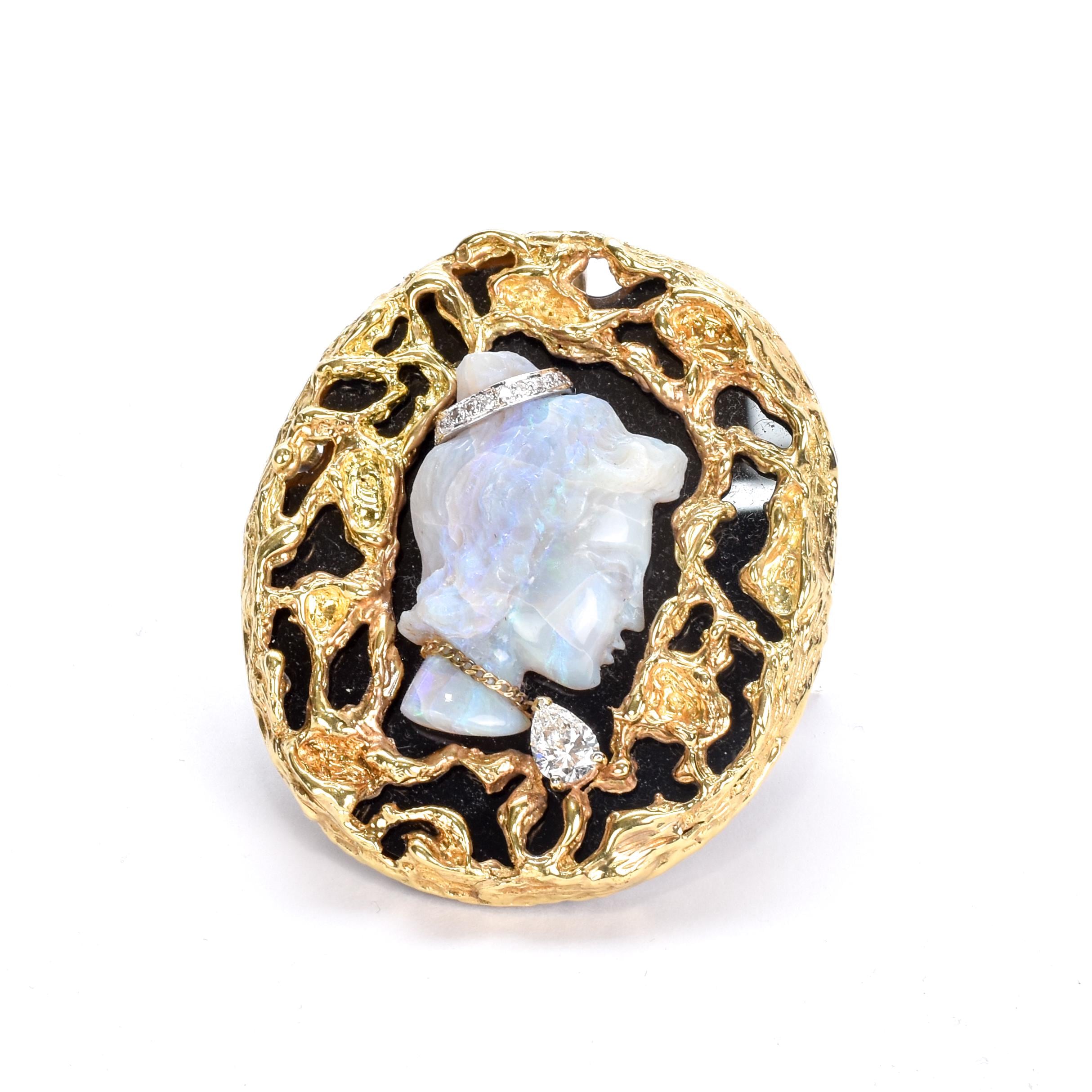 Estate Cameo Brooch with Carved Natural Opal, Black Onyx, 14K Gold