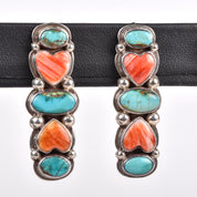 1970s Oscar Betz Heart-Shaped Spiny Oyster and Turquoise Silver Stud Earrings