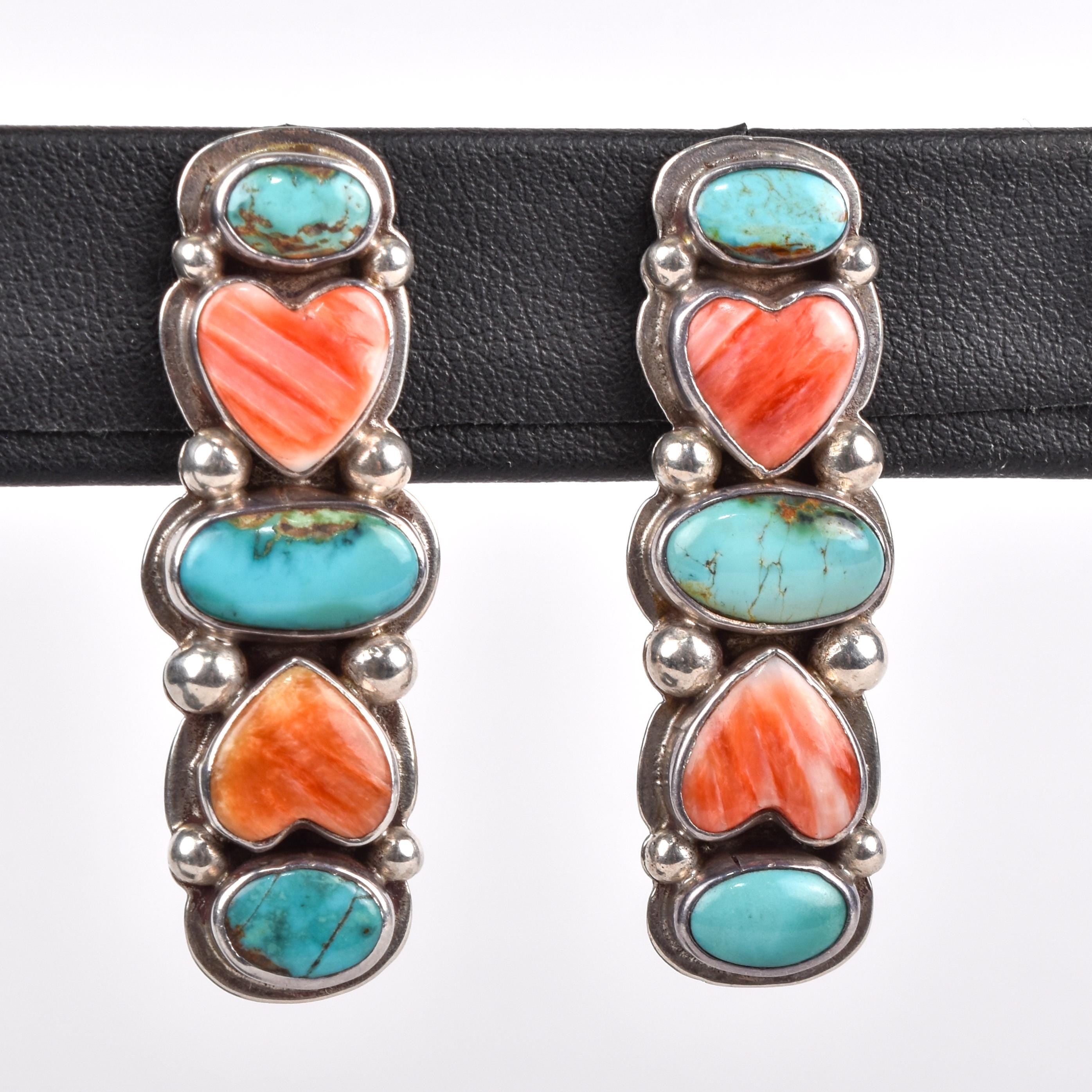 1970s Oscar Betz Heart-Shaped Spiny Oyster and Turquoise Silver Stud Earrings