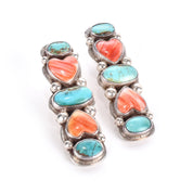 1970s Oscar Betz Heart-Shaped Spiny Oyster and Turquoise Silver Stud Earrings