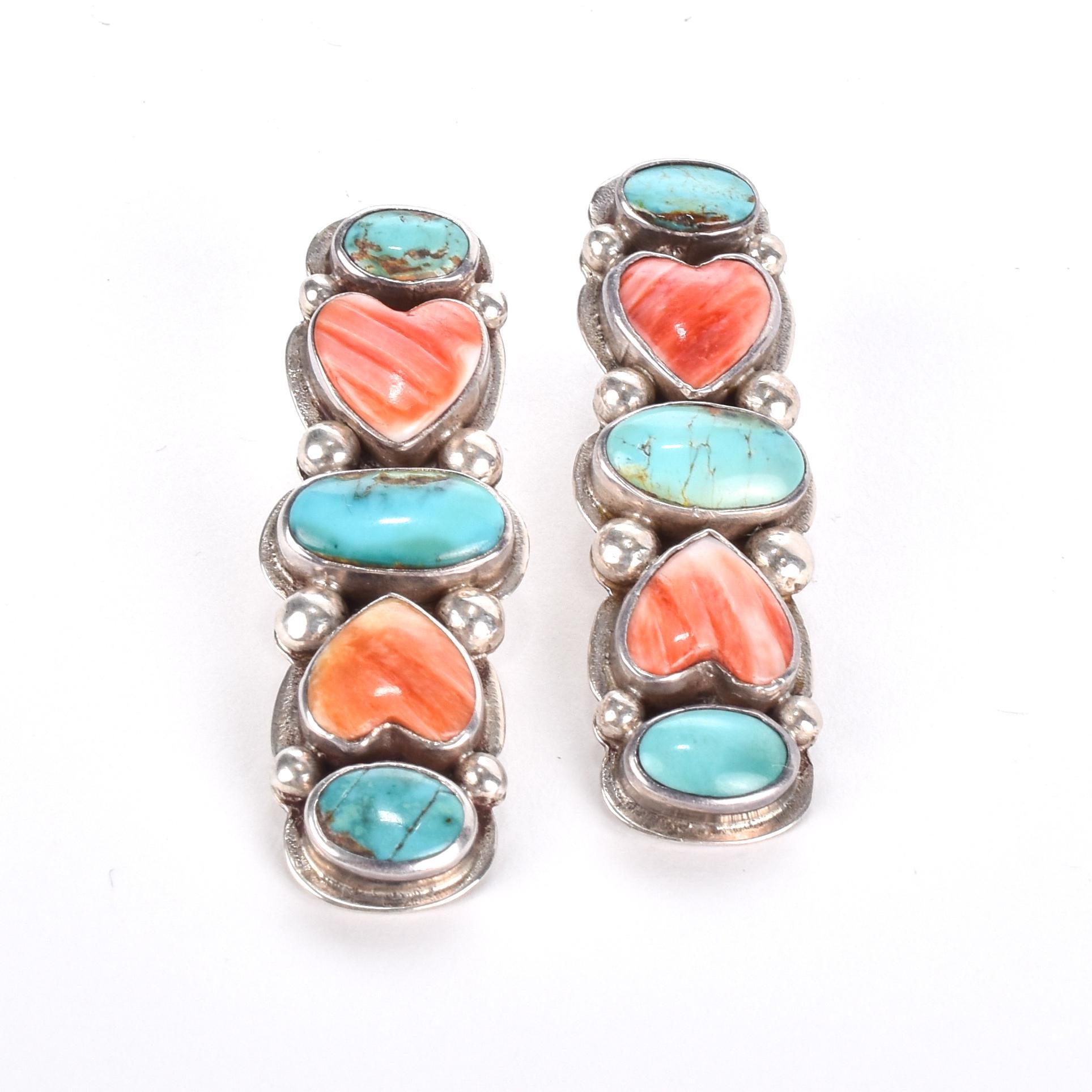 1970s Oscar Betz Heart-Shaped Spiny Oyster and Turquoise Silver Stud Earrings