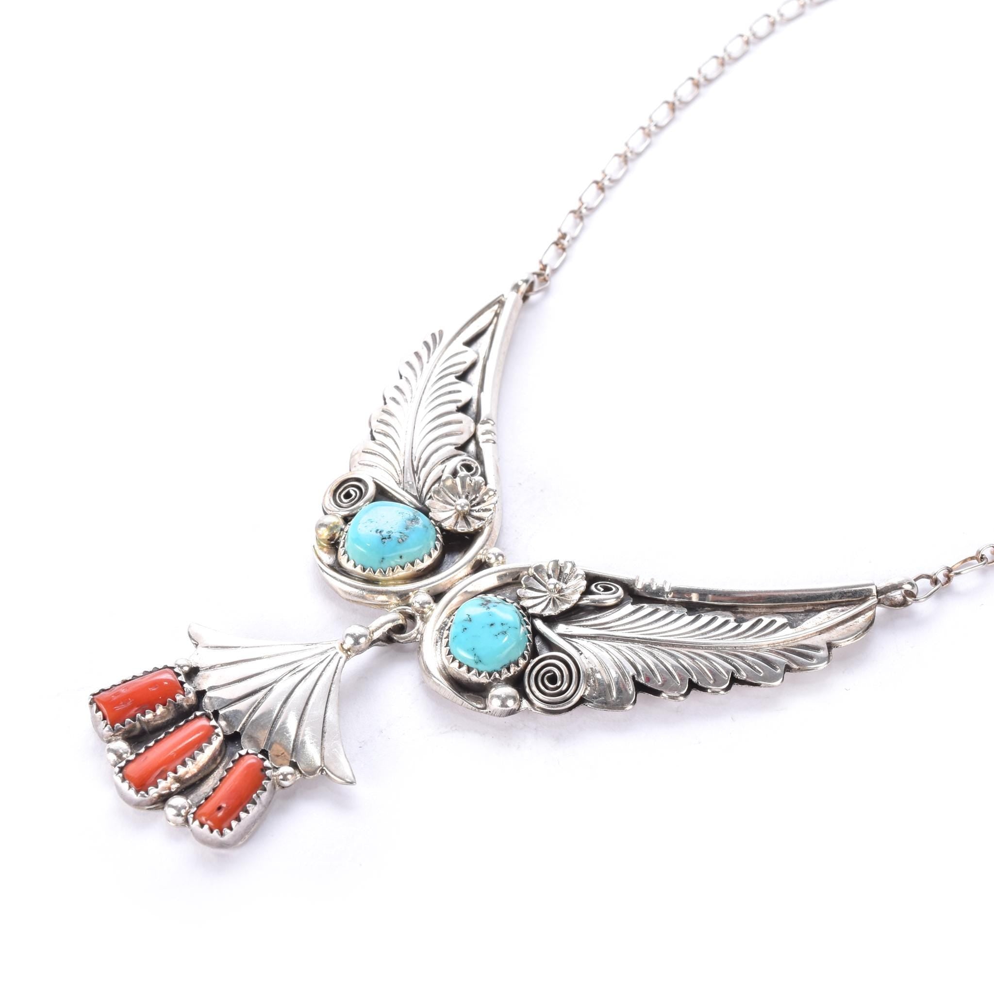 Native American Sterling Silver Necklace with Turquoise and Coral 