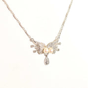 Estate 14K White Gold Pearl Diamond Lavaliere Necklace