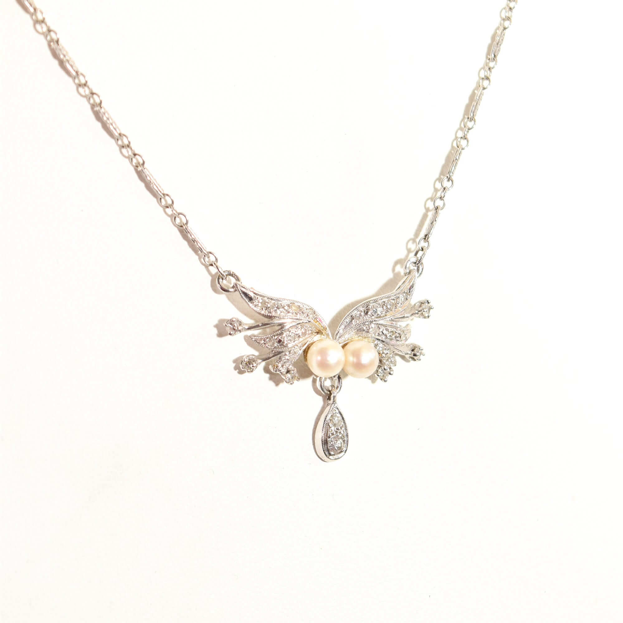 Estate 14K White Gold Pearl Diamond Lavaliere Necklace