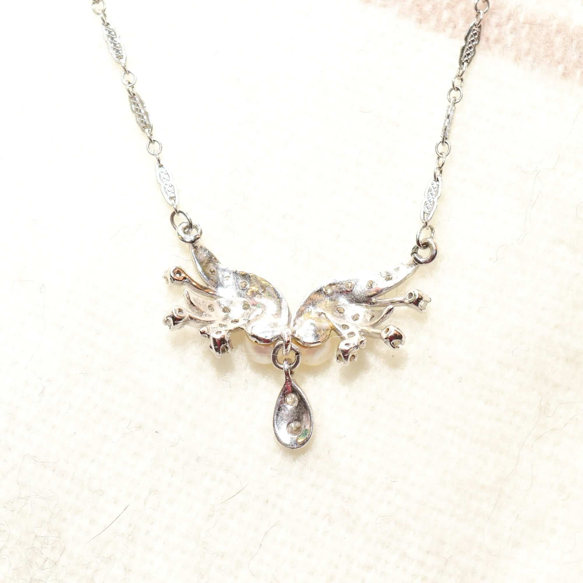 Estate 14K White Gold Pearl Diamond Lavaliere Necklace